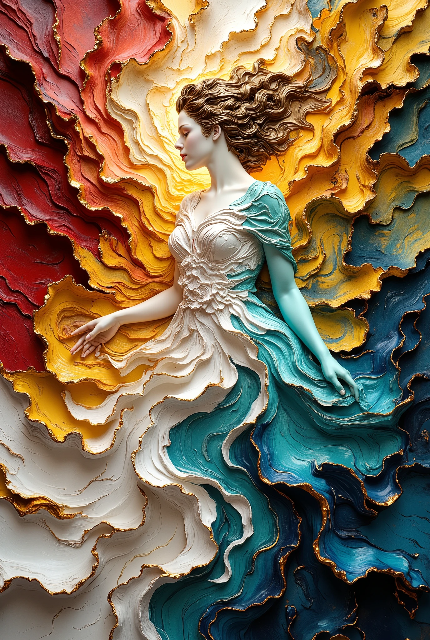 Extending the image of tea,Create a semi-relief abstract artwork using tea stains of different colors.,Surreal style,abstract。with figure of a woman with relief abstract dress red-yellow-orange-white-blue-teal,