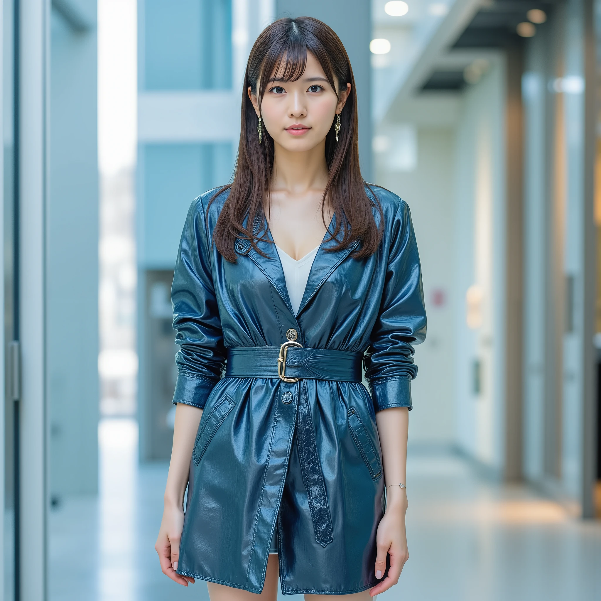 (One Gal:1.8), ( Dark Haired:0.2), PERFECT STRICT TRENCH COATS ONLY WEAR, (( full body shot from below:1.8)), ((The shiny chrome trench coat is above the knee)), ( outdoor, shopping mall, shopping street), ( I'm showing my whole body, standing, (( model pose)), naturally widen your legs , walk ), ( tall, thin thighs, long legs , Small Waist , beautiful waist), ((( show me , beautiful realistic face, white skin, brown eyes, Natural Eyes, focus on the eyes, Her figure is shown in theaters as is))), ( Surrealist , super real, 8K Quality, Attention to Details, ultra high resolution, Highest Quality , masterpiece), ((( Bust enhancing office suit , SHINY OFFICE TRENCH COATS ONLY , (( wear a tight formal skirt )), ((( seductive smile))), (Stiletto Heels), staring at the camera, Smooth Silhouette, Natural Curves, photorealistic , complicated details, (garter belt),( garter stockings ),(light blue lingerie ),( beautiful makeup :1.3),