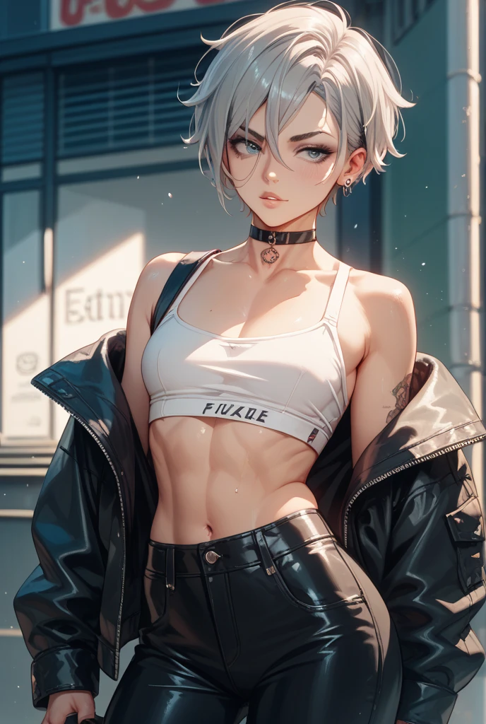 ,girl,best image quality,,silver hair,,Amber eyes,,sleepiness,short hair,sleeping habit,half eyes,,wet state,black skin,brown skin,black shirt,,Lock,restraint,,Lock骨,choker,Lion ears,,small,show your shoulders,belly button,long coat,fur,pants,toned body,abs