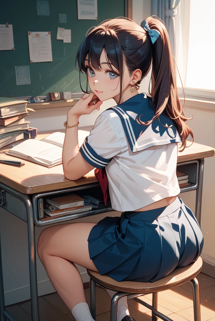 (((masterpiece, Highest quality, High resolution, 超High resolution, Perfect Pixel, Depth of written boundary, 4K, RTTX 10.0))), Beautiful Anime Women, Beautiful art style, Anime characters, ((Smooth texture, Realistic texture, Anime CG Style)), Exact finger count、Exact number of legs、(Exact number of arms:1.0, Exact number of hands:1.0), (Perfect hands, Perfect .1.5), Cinematic, Realistic, Extremely detailed CG, Daytime lighting, Perfect lighting, Best Shadow, The best natural light, Perfectly balanced style, Perfect body, (Slender body:1), whole body, ((bangs, Dark brown hair, Twin tails)), cute, ((A woman is sitting on a chair with her skirt flipped up, exposing her panties.:1.4)), ((Beautiful eyelashes)), ((Detailed face:1.2)), (Fashionable white shirt, Navy blue sailor color, Sailor suit, Navy pleated mini skirt:1.3), (セクシーでcute水色のパンティ, Light blue panties with lace trim around the edges, Detailed  folds:1.4), (Shiny satin side-tie light blue panties:1.5), (A puzzled look:1.3), (blush:1.1) (School classroom, The back of the chair is behind your back, During class:1.3), From directly behind, (Skirts of uniform and precise length, The skirt is flipped up:1.2)