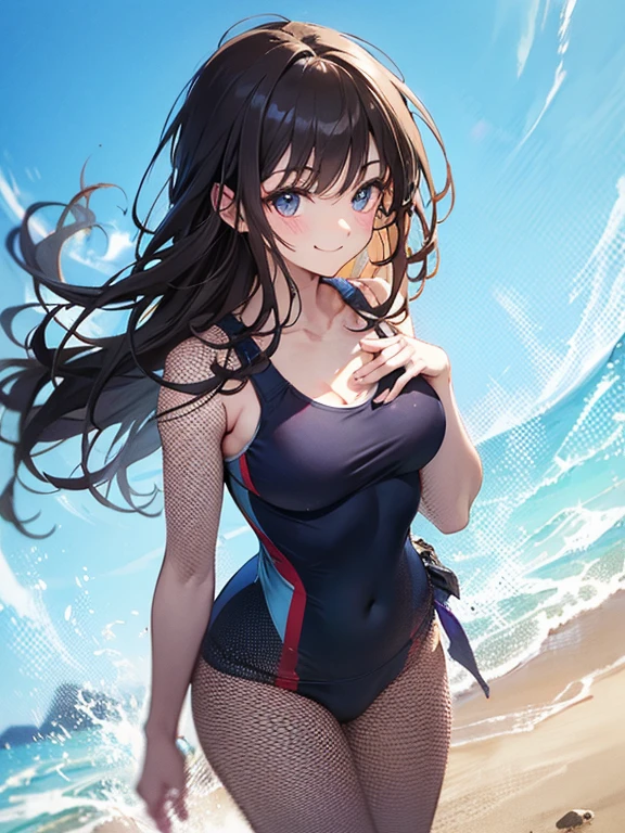 Anime girl in tiger print school swimsuit sitting on the beach, beautiful anime girl, Makoto Shinkai and artgerm, charming anime girl, (anime girl), Kantai collection style, (school swimsuit),small,Makoto Shinkai art style, beautiful anime woman, marine Kitagawa fan art, high quality anime art style, cute anime girl, 4K Manga Wallpapers