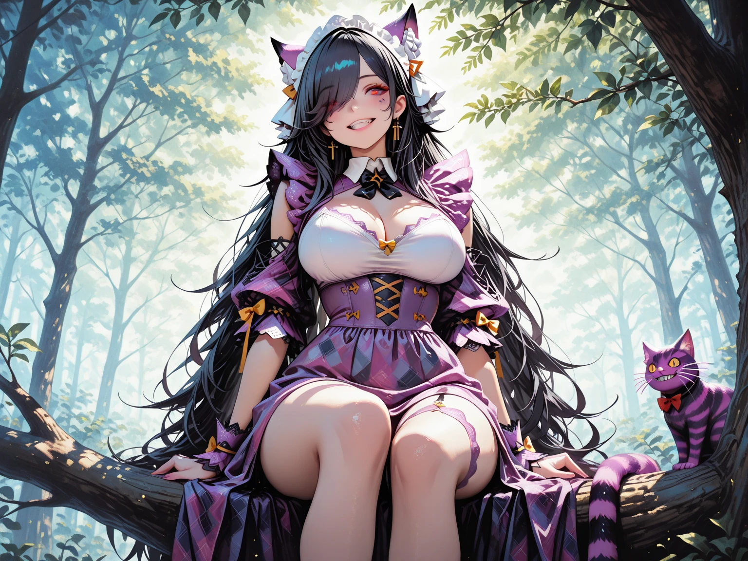 Magenta hair, hazel eyes, older woman, hair bows, cat ears, long hair, smiling face,  outfit, butterflies, teal and gold outfit, butterfly background 