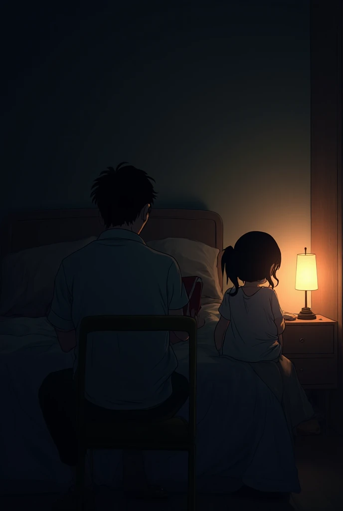 Here's a detailed image prompt based on your description:

**Scene Prompt:**
In a softly lit bedroom, a boy lies on the bed with his back turned to the door, facing away from a girl who has just entered. The room is dimly lit, with gentle rays of light filtering through a partially closed curtain. The girl, standing in the doorway, has a look of surprise and sadness on her face, tears welling up in her eyes. Her expression reflects a mix of regret and concern. As she walks further into the room, the boy turns his head slightly to look at her, his face filled with sorrow. The boy's eyes are also brimming with tears, mirroring the girl's emotion. The overall mood is poignant and emotional, capturing a moment of silent connection and mutual sadness.