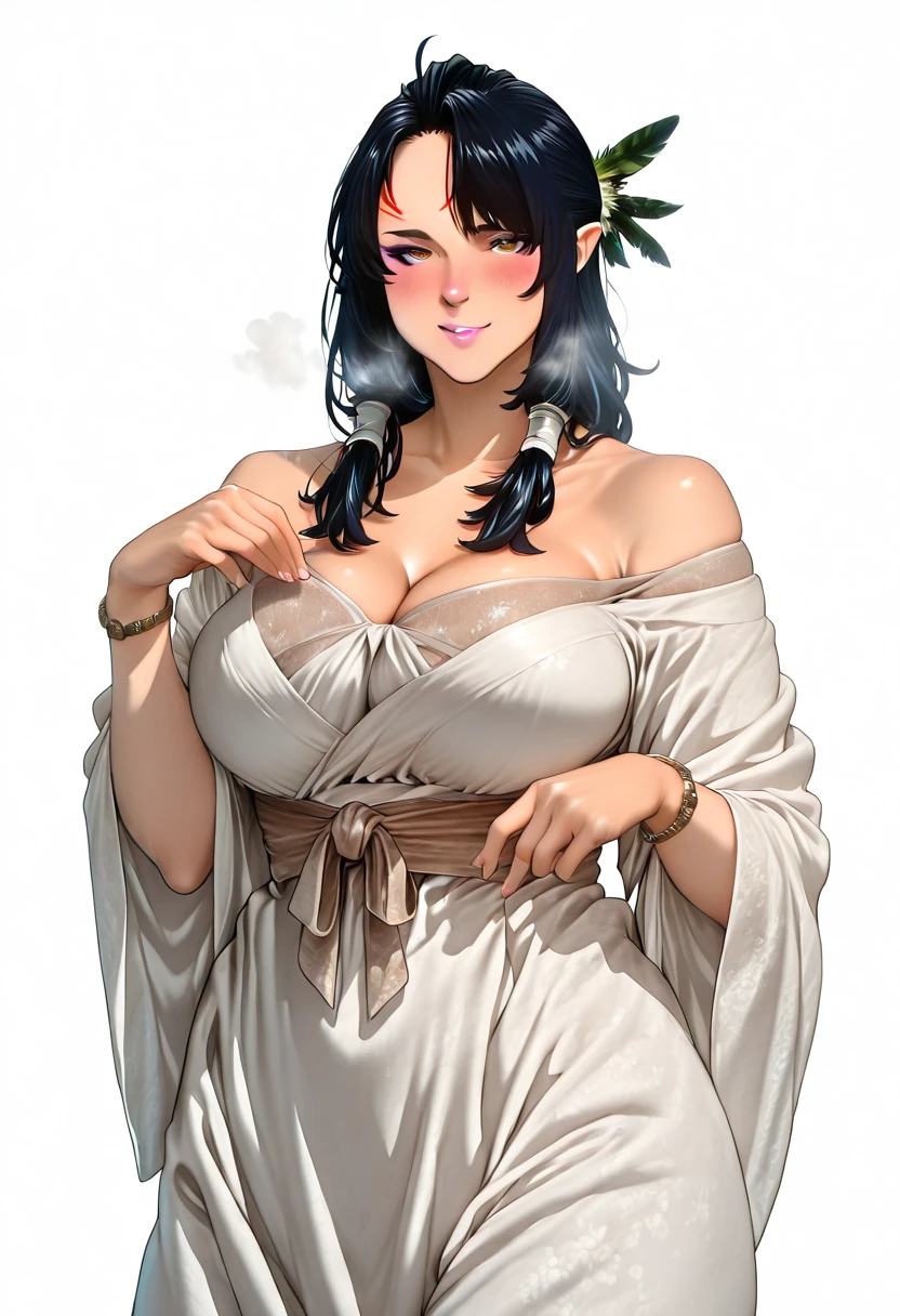 Sakuranotomoru, Hgk, (yoshio_(55level)-style:1.2), (imizu_(nitro_unknown)-style:1.5), (packge-style:1.2), (zucchini-style:1.4), ((anatomical correct)), ((Cinematic, unreal engine, eye-catching, ambient occlusion, UHD, masterpiece)), ((perfect lighting, soft shadow)), perfect body, perfect eyes, perfect fingers, gasping, heavy breathing, gasping profusely, ((skindentation)), ((curvy)), KJOtfm, elf, pointy ears, black hair, brown eyes, hair tubes, half updo, hairpin, feather hair ornament, long hair, forehead mark, purple eyeshadow, pink lips, big nose, bright pupils, plump, (voluptuous:1.5), (mature female:1.5), 1girl, breasts, solo, dress, bare_shoulders, looking_at_viewer, cleavage, white_background, white_dress, bracelet, smile, simple_background, blush, jewelry, parted_lips, collarbone, off_shoulder, wide_sleeves