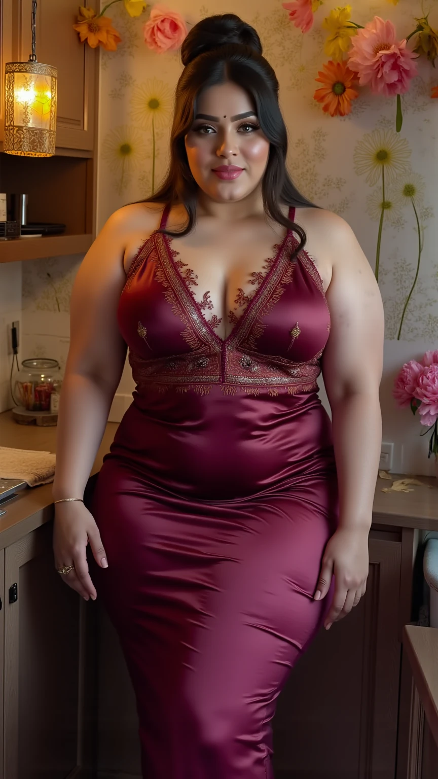 55 yo fat chubby malayalam actress sreeya ramesh, wearing red nighty, red lipstick, high heel shoes, showing cleavages, at bedroom