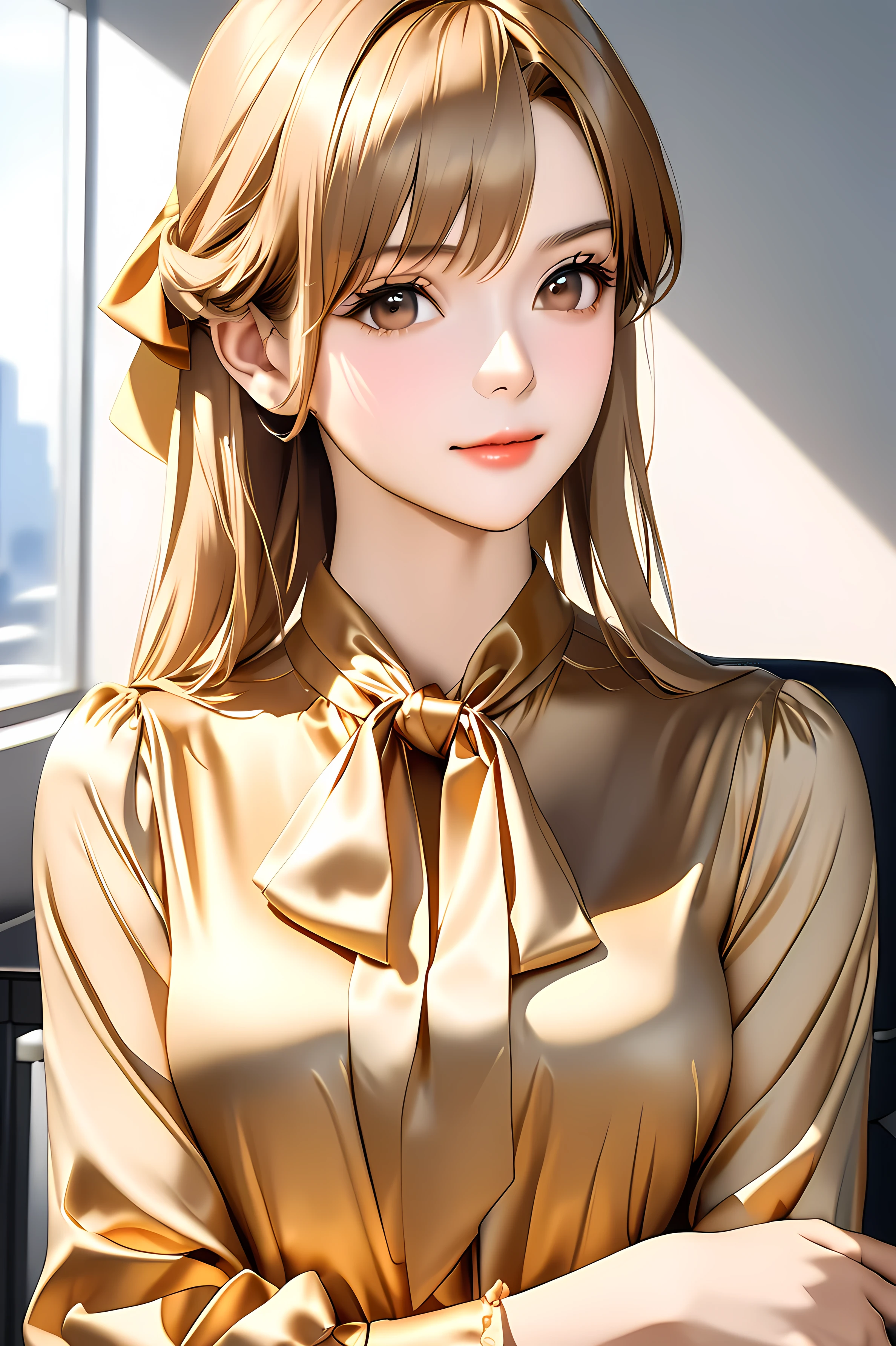 bow blouse, ., anime style images, A woman sitting on a chair in an office room, , Realistic physique, Perfectly shaped body, (((Woman with arms crossed behind her body))), (((classic office style soft material tie silk satin A shiny bright gold blouse))), (((slightly matte white office style classic tie))), sexy anime girl, 8k, score_9, score_8_up, score_7_up, realistic OL characters, long sleeve blouse made of soft material、has regular cuffs, normal sleeve, blouse made of realistic and soft material, realistic tie neck, fine detail, a couple tie neck, Necktie of the same color as the blouse, slightly dull bright gold bow tie, attractive anime girl, symmetrical ribbon, hyper-realistic OL characters, smooth animated CG art, Beautiful anime OL, M navy blue mini skirt, large loop ribbon bow tie, The end of the bow is slightly curled, The knot on the bow tie is carefully crafted down to the last detail, expresses the subtlety of its structure, with subtle shadows、bow and delicate ribbon creases, cute 26-year-old woman's anime visual, h&elegant adult woman showing 4 sides&meters, unpolished polyester with a tight skirt, soft lighting, skirt is available in colors other than navy blue,