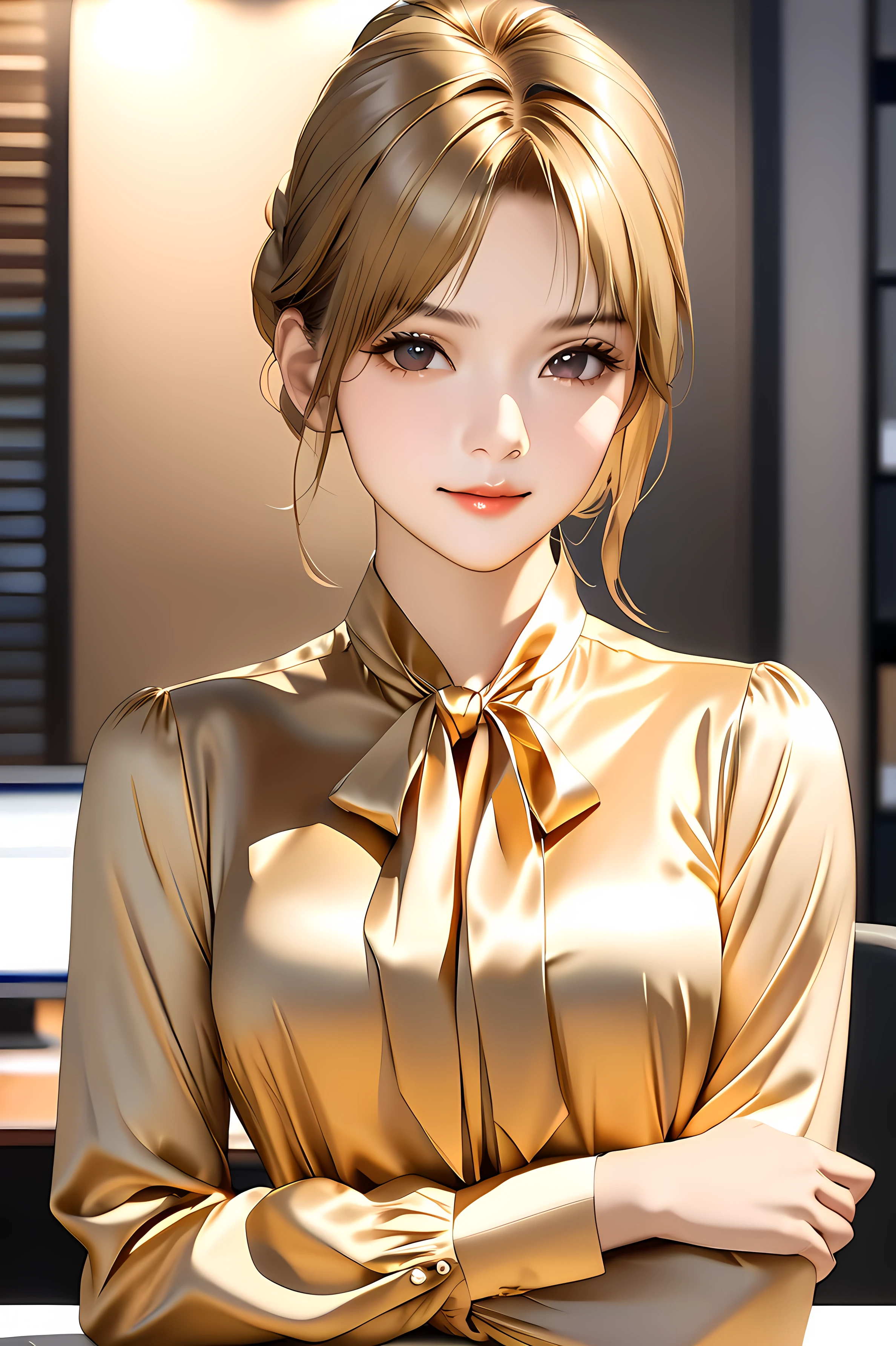 bow blouse, ., anime style images, A woman sitting on a chair in an office room, , Realistic physique, Perfectly shaped body, (((Woman with arms crossed behind her body))), (((classic office style soft material tie silk satin A shiny bright gold blouse))), (((slightly matte white office style classic tie))), sexy anime girl, 8k, score_9, score_8_up, score_7_up, realistic OL characters, long sleeve blouse made of soft material、has regular cuffs, normal sleeve, blouse made of realistic and soft material, realistic tie neck, fine detail, a couple tie neck, Necktie of the same color as the blouse, slightly dull bright gold bow tie, attractive anime girl, symmetrical ribbon, hyper-realistic OL characters, smooth animated CG art, Beautiful anime OL, M navy blue mini skirt, large loop ribbon bow tie, The end of the bow is slightly curled, The knot on the bow tie is carefully crafted down to the last detail, expresses the subtlety of its structure, with subtle shadows、bow and delicate ribbon creases, cute 26-year-old woman's anime visual, h&elegant adult woman showing 4 sides&meters, unpolished polyester with a tight skirt, soft lighting, skirt is available in colors other than navy blue,