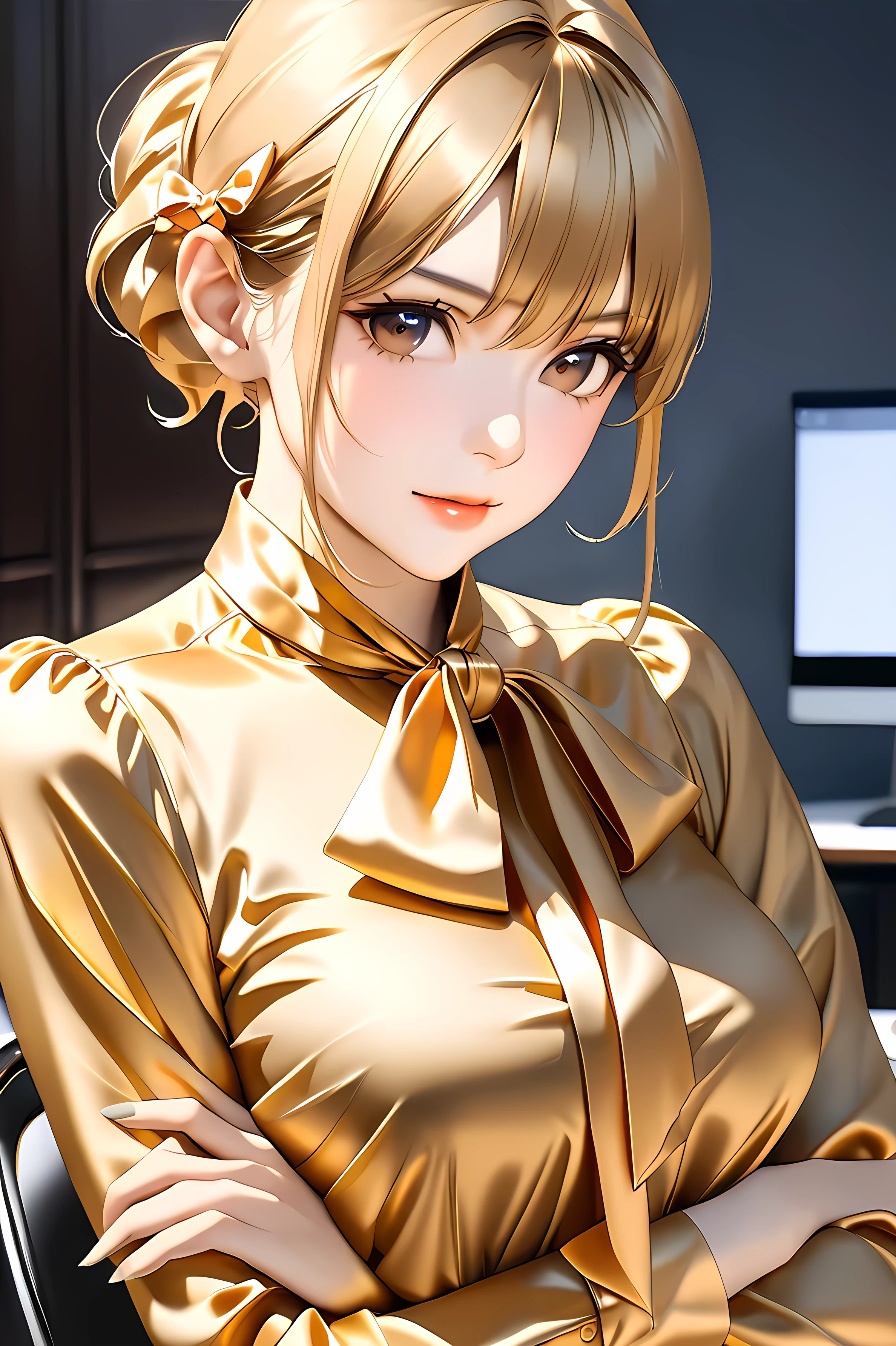 bow blouse, ., anime style images, A woman sitting on a chair in an office room, , Realistic physique, Perfectly shaped body, (((Woman with arms crossed behind her body))), (((classic office style soft material tie silk satin A shiny bright gold blouse))), (((slightly matte white office style classic tie))), sexy anime girl, 8k, score_9, score_8_up, score_7_up, realistic OL characters, long sleeve blouse made of soft material、has regular cuffs, normal sleeve, blouse made of realistic and soft material, realistic tie neck, fine detail, a couple tie neck, Necktie of the same color as the blouse, slightly dull bright gold bow tie, attractive anime girl, symmetrical ribbon, hyper-realistic OL characters, smooth animated CG art, Beautiful anime OL, M navy blue mini skirt, large loop ribbon bow tie, The end of the bow is slightly curled, The knot on the bow tie is carefully crafted down to the last detail, expresses the subtlety of its structure, with subtle shadows、bow and delicate ribbon creases, cute 26-year-old woman's anime visual, h&elegant adult woman showing 4 sides&meters, unpolished polyester with a tight skirt, soft lighting, skirt is available in colors other than navy blue,