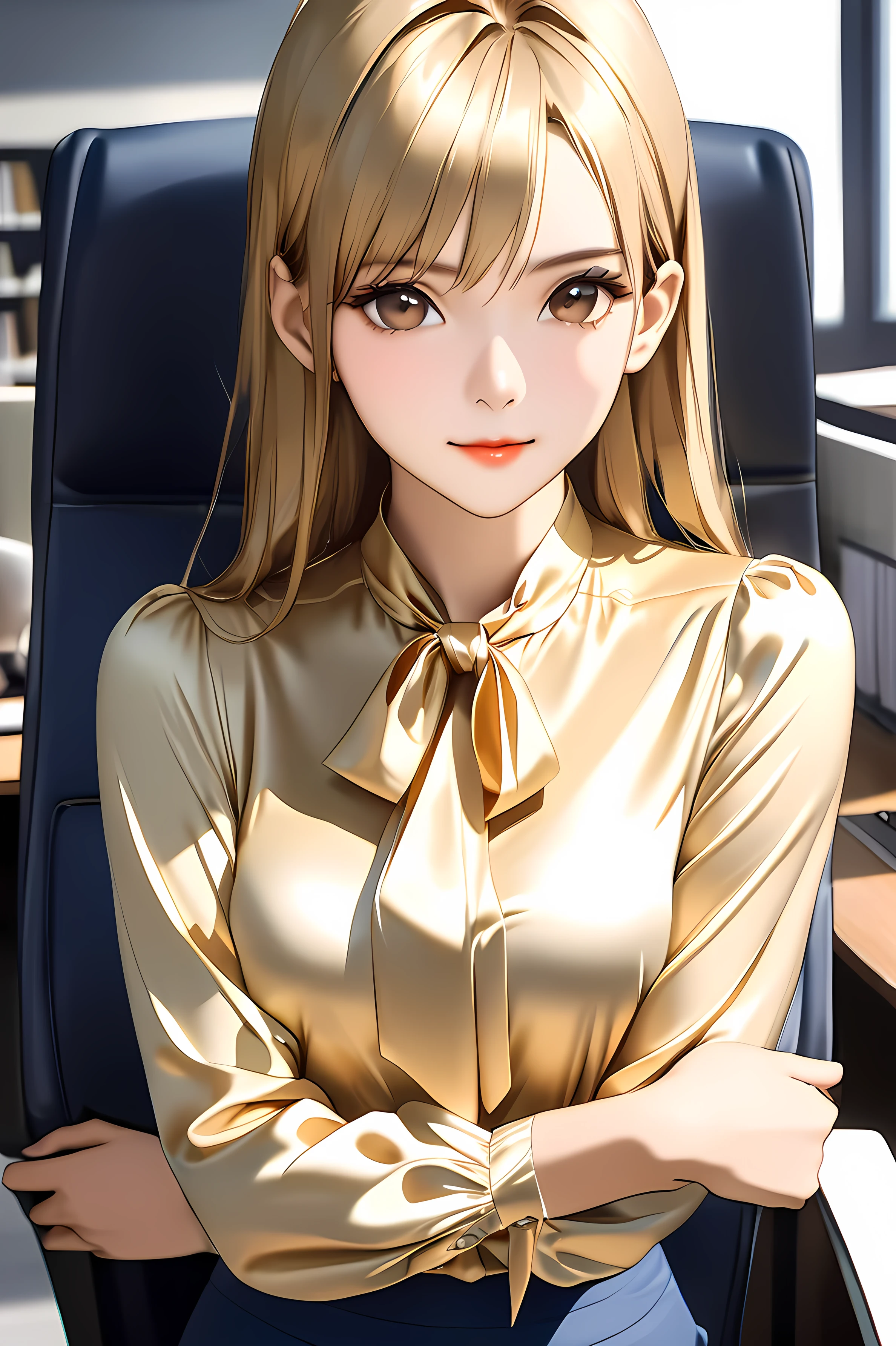 bow blouse, ., anime style images, A woman sitting on a chair in an office room, , Realistic physique, Perfectly shaped body, (((Woman with arms crossed behind her body))), (((classic office style soft material tie silk satin A shiny bright gold blouse))), (((slightly matte white office style classic tie))), sexy anime girl, 8k, score_9, score_8_up, score_7_up, realistic OL characters, long sleeve blouse made of soft material、has regular cuffs, normal sleeve, blouse made of realistic and soft material, realistic tie neck, fine detail, a couple tie neck, Necktie of the same color as the blouse, slightly dull bright gold bow tie, attractive anime girl, symmetrical ribbon, hyper-realistic OL characters, smooth animated CG art, Beautiful anime OL, M navy blue mini skirt, large loop ribbon bow tie, The end of the bow is slightly curled, The knot on the bow tie is carefully crafted down to the last detail, expresses the subtlety of its structure, with subtle shadows、bow and delicate ribbon creases, cute 26-year-old woman's anime visual, h&elegant adult woman showing 4 sides&meters, unpolished polyester with a tight skirt, soft lighting, skirt is available in colors other than navy blue,