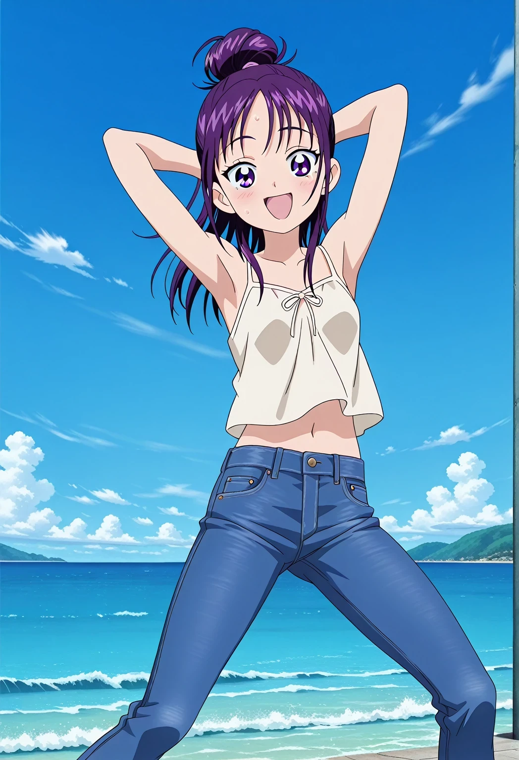 score_9, score_8_up, score_7_up, source_anime, highres, hi res, ((best quality, top quality, perfect quality, Highest Quality, amazing quality)), {{masterpiece}}, {{an extremely delicate and beautiful}}, 2d, intricate details, official style, anime, 8k, anime style, official_anime, official art, digital painting, cell shading, soft shading, high resolution, soothing tones, Subdued Color, Soft cinematic light, adobe lightroom, photolab, HDR, intricately and hyper-detailed, ((high quality animation)), 1 girl, Alone, solo, ((ocean)), tsunami, on the water, day, sunny, outdoors, sky, windy, Mai, purple_eyes, purple hair, long_hair, hair bun, anime screencap, small breasts, light beige camisole top, crop top, light beige crop top, best quality, hyper-detailed jeans, ((purple blue jeans:1.9)), (dark blue jeans:0.6), full medium body, medium shot, Open mouth, smiling, happy face, blush, sweat, standing, ((arms behind head:6.0)), bowlegged, jumping pose, action, looking at viewer, spread legs, Bend knees slightly, straight-on front view