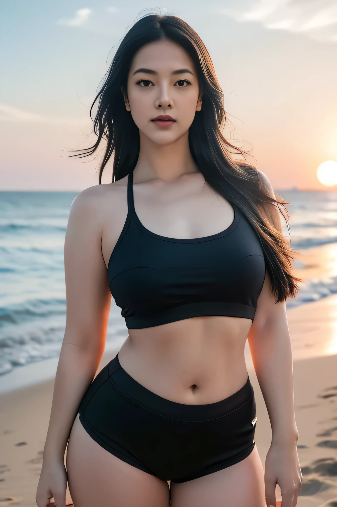 1girl, solo, at the beach, beautifully sunset beach scenery, cute little smirk, detailed eyes, thick medium breasts, curvy body, smooth realistic skin, black tight nylon top, black nylon short pants, looking at the audience, (Overhead shot:1.3), (zoom out:1.4), (8k, RAW photo, best quality, masterpiece: 1.2), (realistic, realistic: 1.37), ultra-high resolution