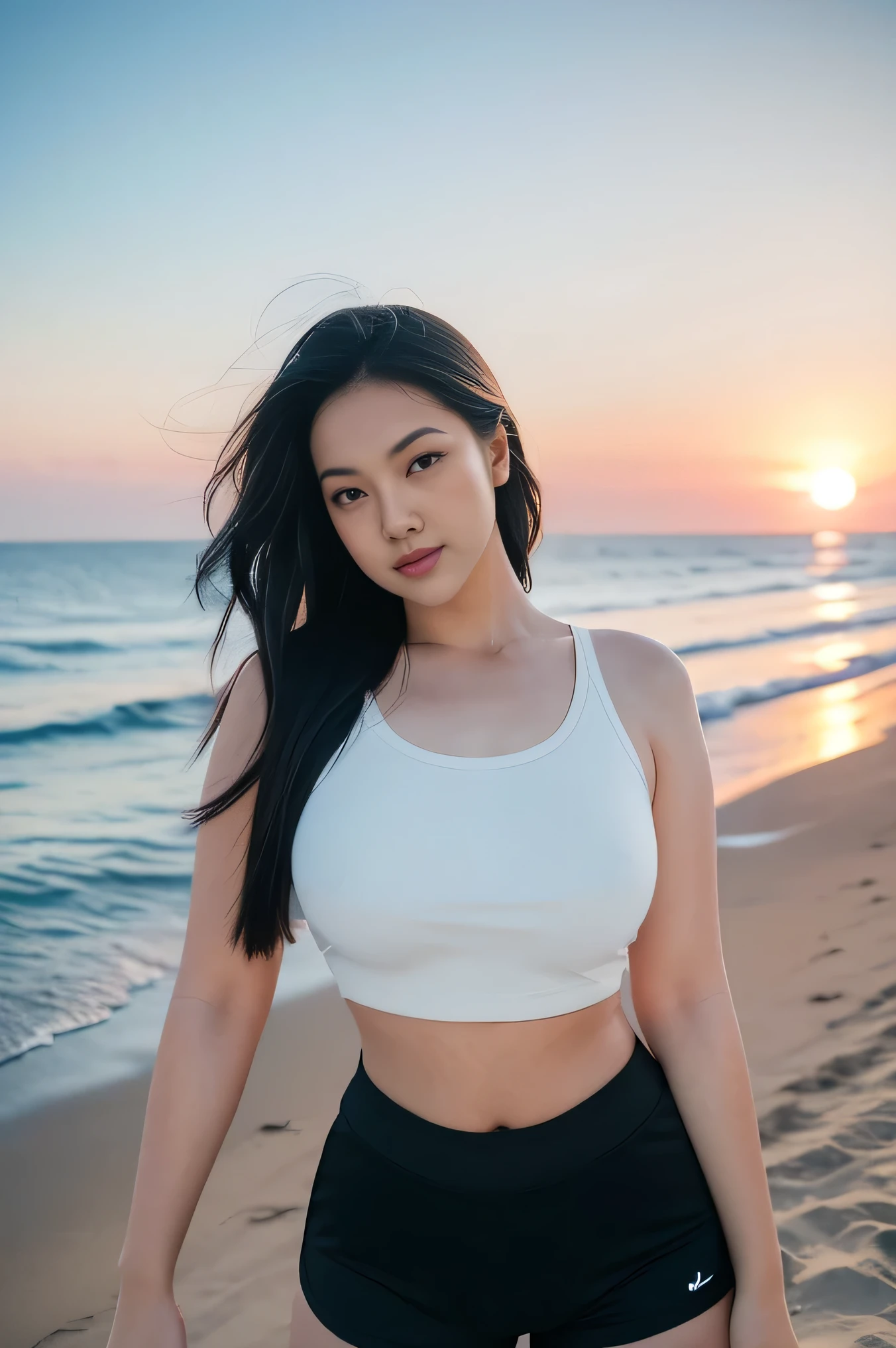1girl, solo, at the beach, beautifully sunset beach scenery, cute little smirk, detailed eyes, thick medium breasts, curvy body, smooth realistic skin, black tight nylon top, black nylon short pants, looking at the audience, (Overhead shot:1.3), (zoom out:1.4), (8k, RAW photo, best quality, masterpiece: 1.2), (realistic, realistic: 1.37), ultra-high resolution