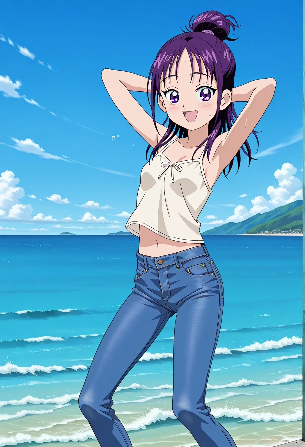 score_9, score_8_up, score_7_up, source_anime, highres, hi res, ((best quality, top quality, perfect quality, Highest Quality, amazing quality)), {{masterpiece}}, {{an extremely delicate and beautiful}}, 2d, intricate details, official style, anime, 8k, anime style, official_anime, official art, digital painting, cell shading, soft shading, high resolution, soothing tones, Subdued Color, Soft cinematic light, adobe lightroom, photolab, HDR, intricately and hyper-detailed, ((high quality animation)), 1 girl, Alone, solo, ((ocean)), tsunami, on the water, day, sunny, outdoors, sky, windy, Mai, purple_eyes, purple hair, long_hair, hair bun, anime screencap, small breasts, light beige camisole top, crop top, light beige crop top, best quality, hyper-detailed jeans, ((purple blue jeans:1.9)), (dark blue jeans:0.6), full medium body, medium shot, Open mouth, smiling, happy face, blush, sweat, standing, ((arms behind head:6.0)), bowlegged, jumping pose, action, looking at viewer, spread legs, Bend knees slightly, straight-on front view