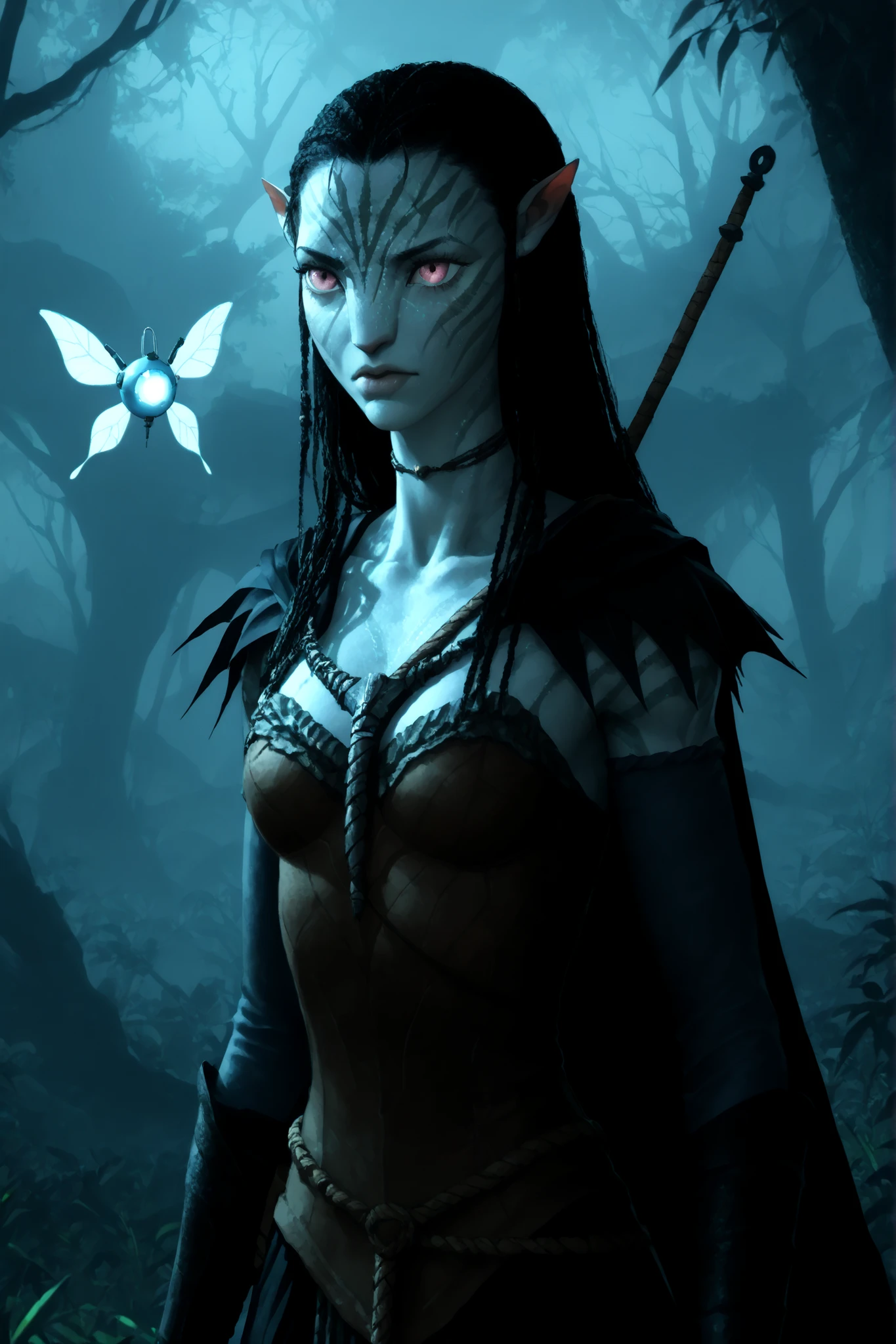 2D cartoon: Female character Navi from Avatar, age 30 to 40 years old, beautiful, very imposing berserk vampire.