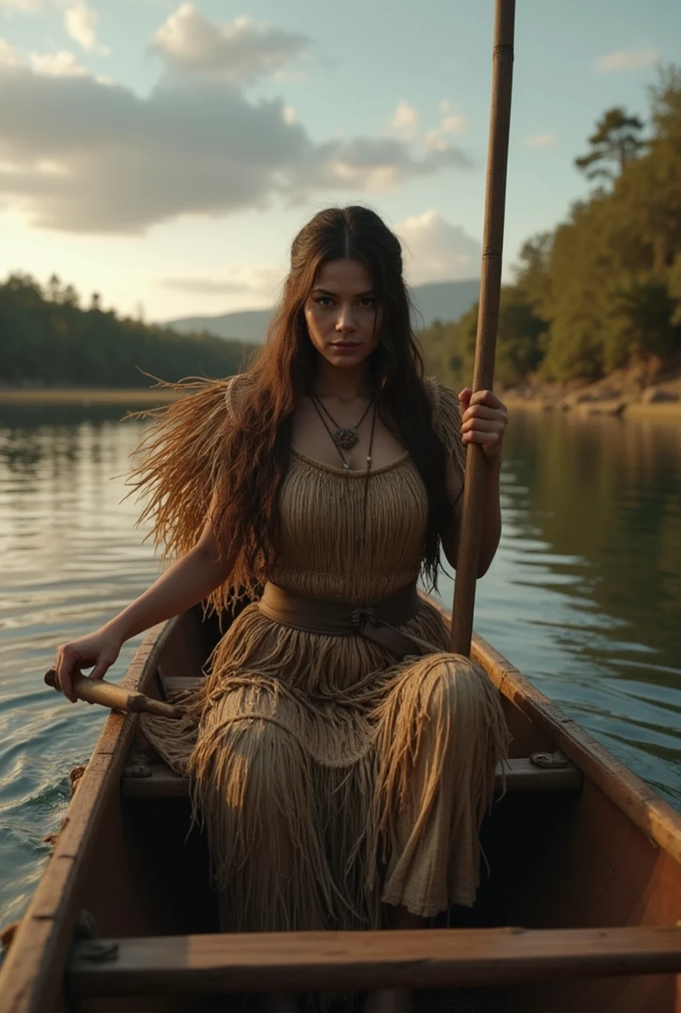 Stone age era, (prehistoric age era:1.6), ((Realistic cinematography best cinematic wide angle depth intense details of realistically serene river landscape scenery)),sunset,(focusing on a beauty female primitive sailor while rowing with a long straight wooden oar the canoe:realistic intricately straw woven rucksacks),,(every features are depicted clearly),(realistically accurately and intricately depicting scenery),((tribe)),primitive canoe,(wearing primitive full coverage leafs fabric cloak and fully woven straw long gown enveloping their whole body),long fur skirt,(perfectly busty depth symmetrically precisely full bodies),(cinematic dynamically camera wide angle scenery:accurately depicted:1.3),the lively prehistoric cradle of historcal depicting scenery,afternoon,realistically full depth,autumn season,(cinematography dynamic angle|hyperrealistic:realistic scenery:3d texture over the scenery),best videography angle,hdr,masterpiece,4K,(cinematography vibe),primordial folk fabric wardrobe,(dynamic image composition),(octane 3d rendering|50mm lens shot:1.3),(precise lifelike skin texture:lifelike hairs:realism),(best rule of third photography composition),(best image aperture),(full details depth of field),(best shutter speed),(RAW photo image),(photorealistic|photorealism:hyperrealism style),(realistic depth 3d:cgi:1.3),(trending on cgsociety:devianart:unreal engine 5),,(best photography:national Geographic style), stonePunkAi and sandalPunkAi artwork, digital art,best lighting concept,(realistic intricately fixed truly fully human's anatomy body+hands+and+fingers anatomical),natural motion,inspired by farcry5 game artwork, ((SFW)),