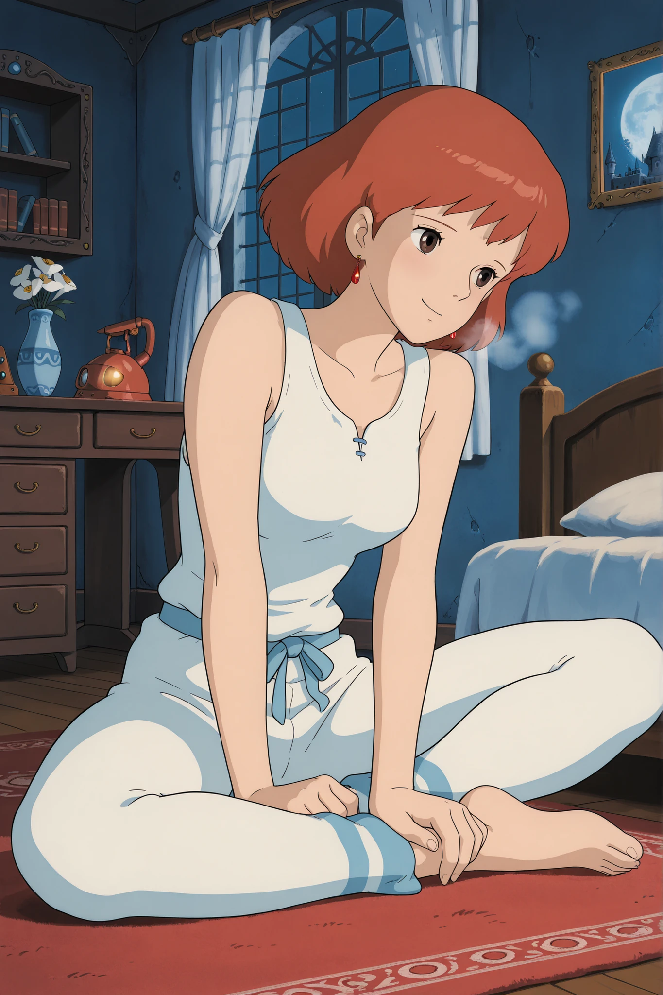 studio ghibli,Nausicaa,1girl, (Masterpiece, top quality, 8k, High quality anime, detailed and accurate anime poster, Studio Ghibli style, High sense Art ), adorable face, very kind face, Sitting on the bed in her private room, female sitting, pajamas, desk, single bed, silk sheets, blue and white color blanket, bookshelf, flower in a vase, large bay window, in old baroque castle, beautiful night view, gas lamp, Exotic atmosphere, hot breath close to the face, on late night time, sweet face and little smile, orange hair, short hair, ((elegant short bob cut)), dark brown eyes, beautiful clear eyes, Red Gemstone Earrings, beautiful breasts, beautiful legs, perfect body balance, perfect beauty, slender body, beautiful eyes, beautiful young female body, (sidelong glance), Silk curtain, sword on the wall, ((very cool Nausicaa)), ((Nausicaa is very elegant)), white color leggings pants, waist string, white running shirt, beautiful skin, no sleeve shirt, tank top, beautiful floor rug, right front view, suddenly she notices and turns towards audience, face close-up shot,