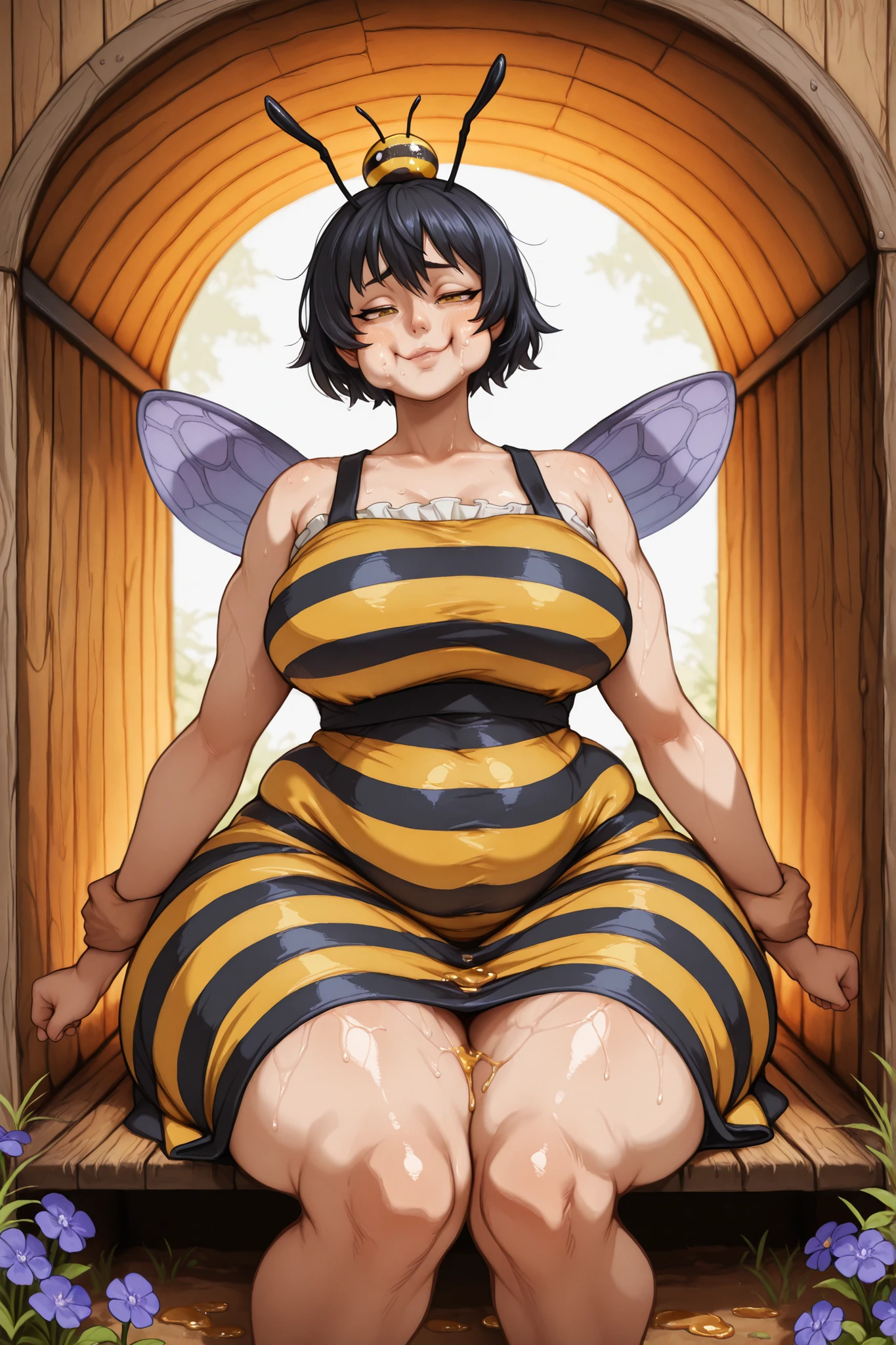 Curvy chubby woman aged 27, wide hips, thick thighs, large rounded belly, noticeably large rear. Golden honey-toned skin with darker bands/stripes on arms and belly. Short bluish-black hair with metallic sheen, slightly messy. Large amber eyes, rounded soft face, perpetually flushed cheeks. Black antennae on her head. Translucent blue-violet wings on her back. Wearing black and yellow striped dress (bee pattern), practical style. Satisfied exhausted expression, sitting inside wooden tunnel entrance, holding arms around her swollen belly. Outdoor meadow with flowers in background, warm natural lighting. Semi-realistic cartoon style, sharp focus.