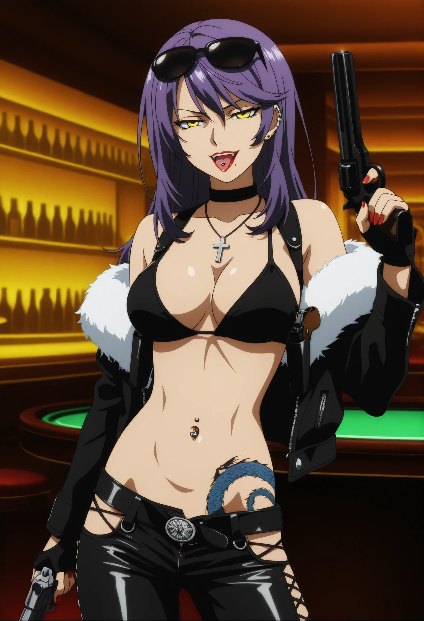 trine_halden, long purple hair, yellow eyes, red lips, medium breasts, , chin mole, , nail polish ,ear piercing, long hair, , lipstick,Hot girl, baddie, smoking,, bad attitude, mean girl, sensual, attractive, ,cross necklace, ,choker,bar background, inside bar ,indoors, , casino, , fur jacket , bare shoulders , white fur , , , leather pants , dark brown , fur , side inserts , belt , weapon holder , weapon , fingerless gloves , leather , forearms , sword , short , strapped , belt , cowboy shot , masterpiece , best quality , highly detailed , a girls with a gun , evil smile , open mouth , sexy gaze , badass pose , evil smile , smile , (nsfw) not safe for work , guns blazing , anime girl with long hair , beautiful long haired girl , navel , evil expression , exposed belly , exposed navel , exposed midriff , exposed lower belly , long black pants , cleavage , unbuttoned leather pants , open fly , low rise black leather pants , leather jacket , holding a gun , holding pistol , unbuttoned shirt , collared shirt , knot , pull_down leather pants , (show off panties , :1 . 2 , no panties) , pull_down long black pants , pull_down black leather pants , zip up leather jacket , bikini top , navel piercing , cross-laced slit , tongue piercing , tongue out , open mouth , clitoris piercing ,, , shoulder holster,, sunglasses on head, medium large Breasts, dragon tattoo on waist, narrowed eyes, tattoo on waist,, anipai_style , anime screencap , anime coloring,,