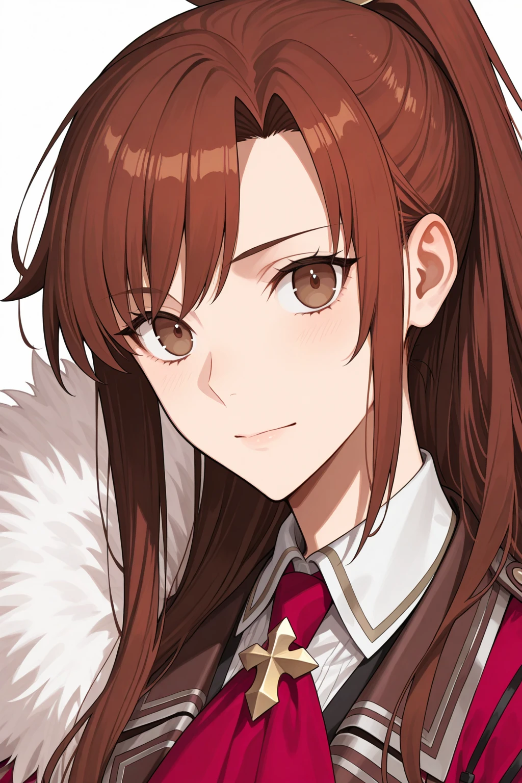 (high-quality, breathtaking),(expressive eyes, perfect face) 1girl, female , solo, portrait, Symmetrical Eyes, brown hair color, pink eye color, long hair length, curly wavy hair, Code Vein, Code Vein game character, Code Vein Clothing, Code Vein revenant, God Eater inspired clothing, white shirt, red cloak, grey background, modern fantasy clothing, detailed eyes, side ponytail
