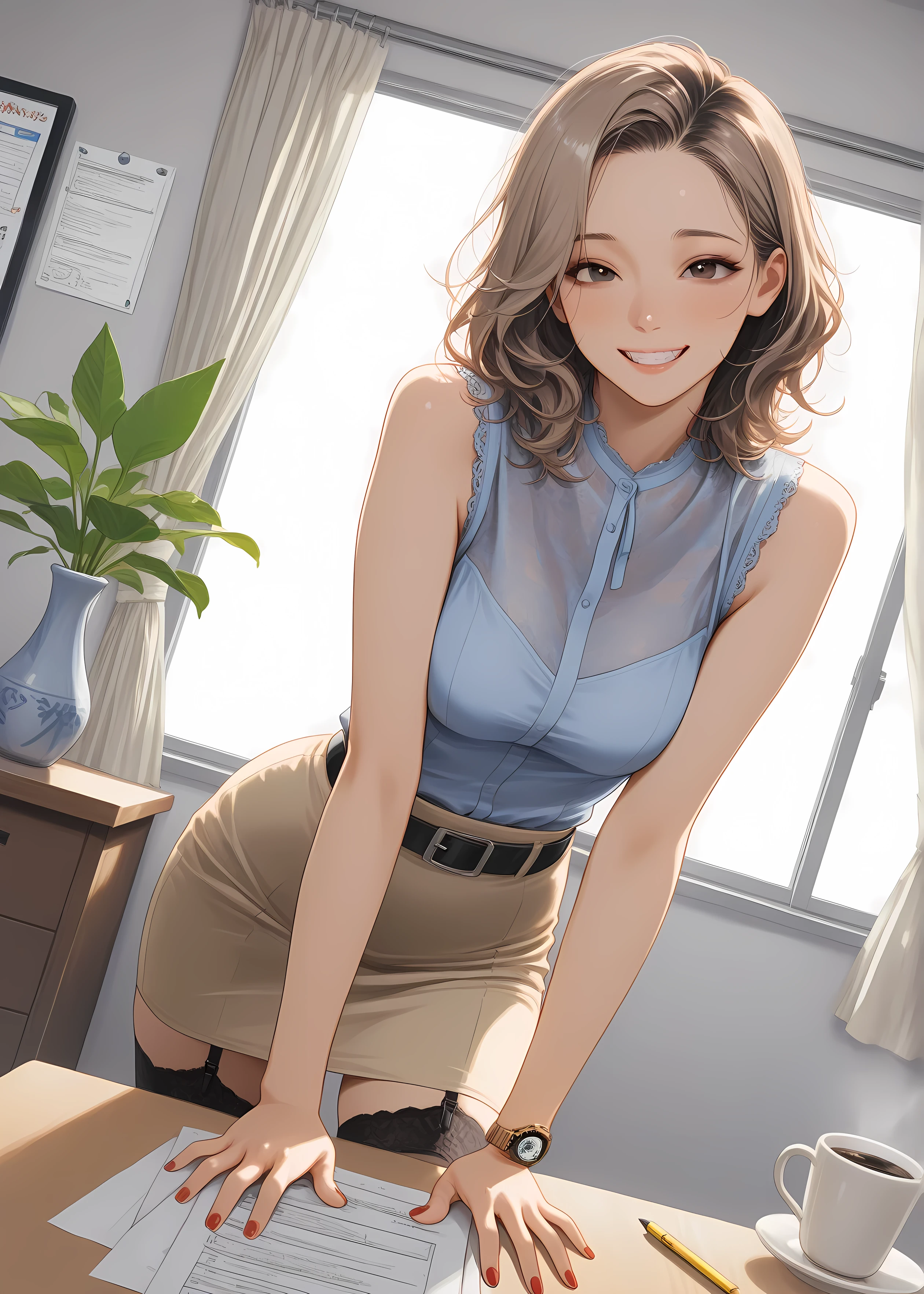 realistic, score_9, score_8_up, score_7_up, (masterpiece), masterpiece, Highest Quality, very aesthetic, absurd, dynamic angle, 1 woman, slim body, mature body, medium bust size, light brown hair, medium hair, applied it to my wavy hair, side part bang, Wide forehead, detailed hair, hazel brown eye color, gentle smile expression, Hand, fine make up, Wearing a watch, wearing a blue strap, wearing a light blue shirt,  lace shirt, sleeveless, Black Belt, putting on a black stocking, planting with large leaves, garter belt, Paint nails, Red colored nails, Walking Pose, In the office , Displaying a table, a cup of coffee on table, whiteboard, rolling curtains, showing a cabinet, opening a large window, putting on large leaves, vase, teeth、sheets of paper stuck to the board {x} pot wearing a short soft yellow pencil skirt. high resolution, ultra sharp, 8k, masterpiece, (masterpiece), Highest Quality, expressive eyes, perfect face
