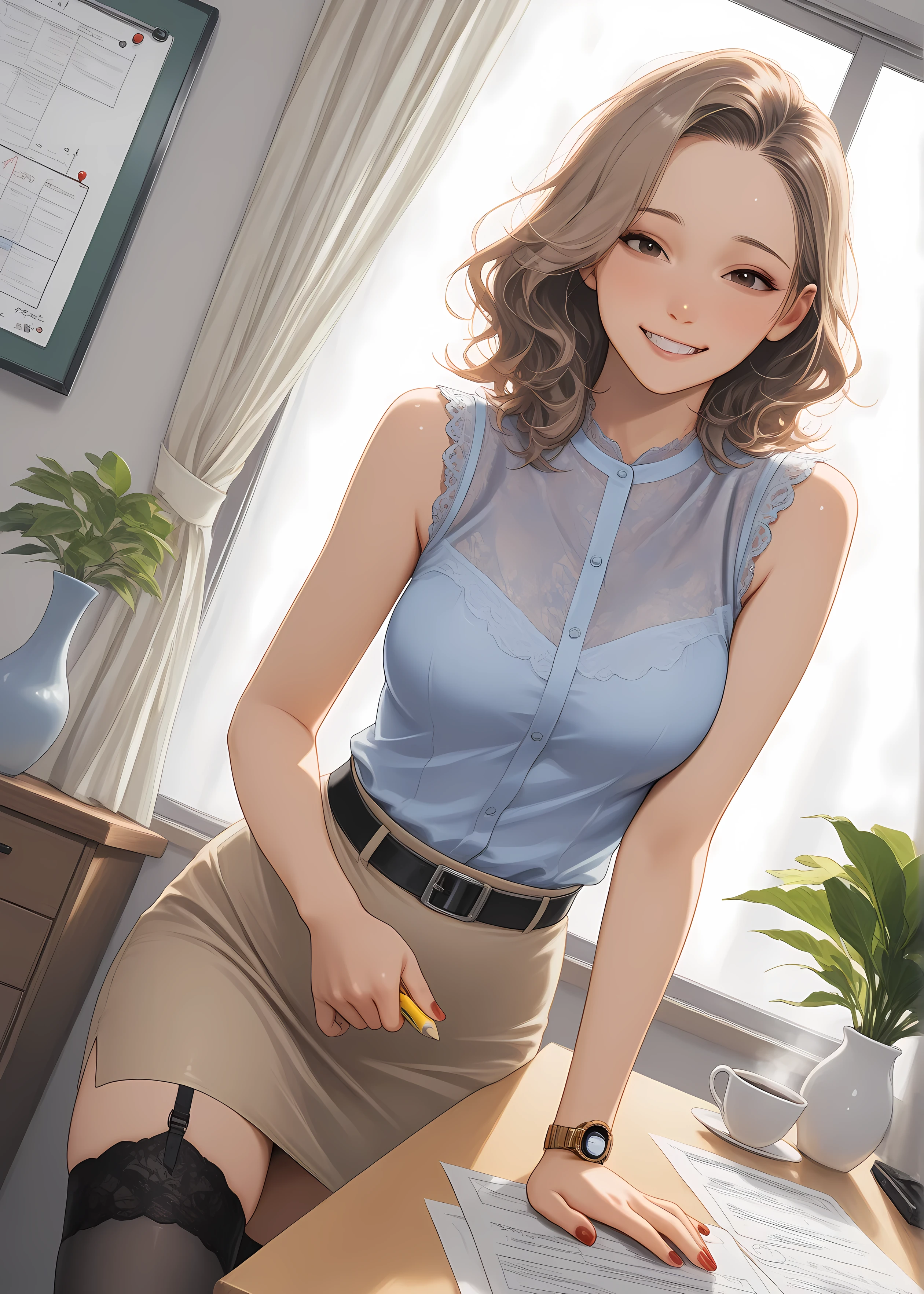 realistic, score_9, score_8_up, score_7_up, (masterpiece), masterpiece, Highest Quality, very aesthetic, absurd, dynamic angle, 1 woman, slim body, mature body, medium bust size, light brown hair, medium hair, applied it to my wavy hair, side part bang, Wide forehead, detailed hair, hazel brown eye color, gentle smile expression, Hand, fine make up, Wearing a watch, wearing a blue strap, wearing a light blue shirt,  lace shirt, sleeveless, Black Belt, putting on a black stocking, planting with large leaves, garter belt, Paint nails, Red colored nails, Walking Pose, In the office , Displaying a table, a cup of coffee on table, whiteboard, rolling curtains, showing a cabinet, opening a large window, putting on large leaves, vase, teeth、sheets of paper stuck to the board {x} pot wearing a short soft yellow pencil skirt. high resolution, ultra sharp, 8k, masterpiece, (masterpiece), Highest Quality, expressive eyes, perfect face
