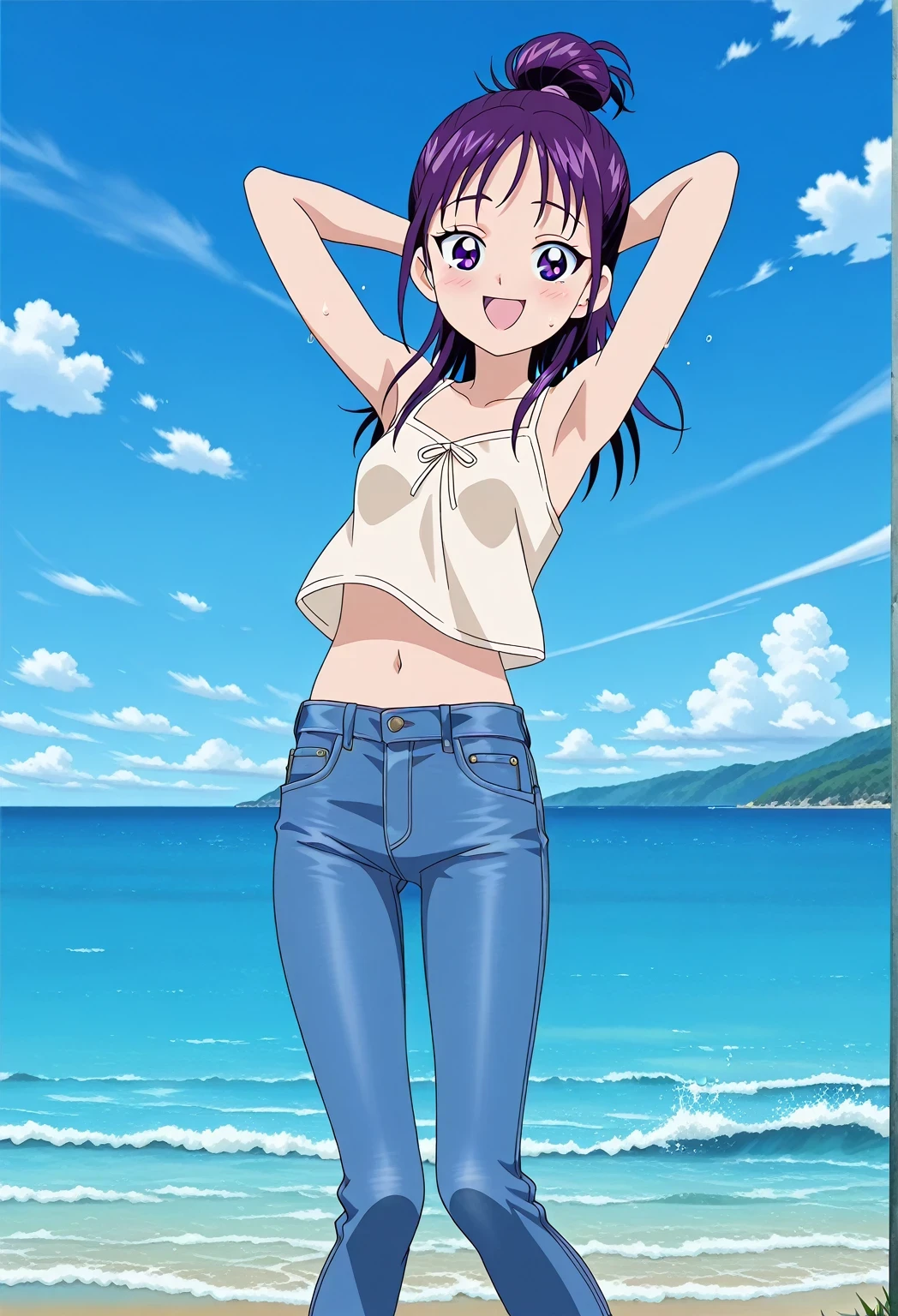 score_9, score_8_up, score_7_up, source_anime, highres, hi res, ((best quality, top quality, perfect quality, Highest Quality, amazing quality)), {{masterpiece}}, {{an extremely delicate and beautiful}}, 2d, intricate details, official style, anime, 8k, anime style, official_anime, official art, digital painting, cell shading, soft shading, high resolution, soothing tones, Subdued Color, Soft cinematic light, adobe lightroom, photolab, HDR, intricately and hyper-detailed, ((high quality animation)), 1 girl, Alone, solo, ((ocean)), tsunami, on the water, day, sunny, outdoors, sky, windy, Mai, purple_eyes, purple hair, long_hair, hair bun, anime screencap, small breasts, light beige camisole top, crop top, light beige crop top, best quality, hyper-detailed jeans, ((purple blue jeans:1.9)), (dark blue jeans:0.6), full medium body, medium shot, Open mouth, smiling, happy face, blush, sweat, standing, ((arms behind head:6.0)), bowlegged, jumping pose, action, looking at viewer, spread legs, Bend knees slightly, straight-on front view