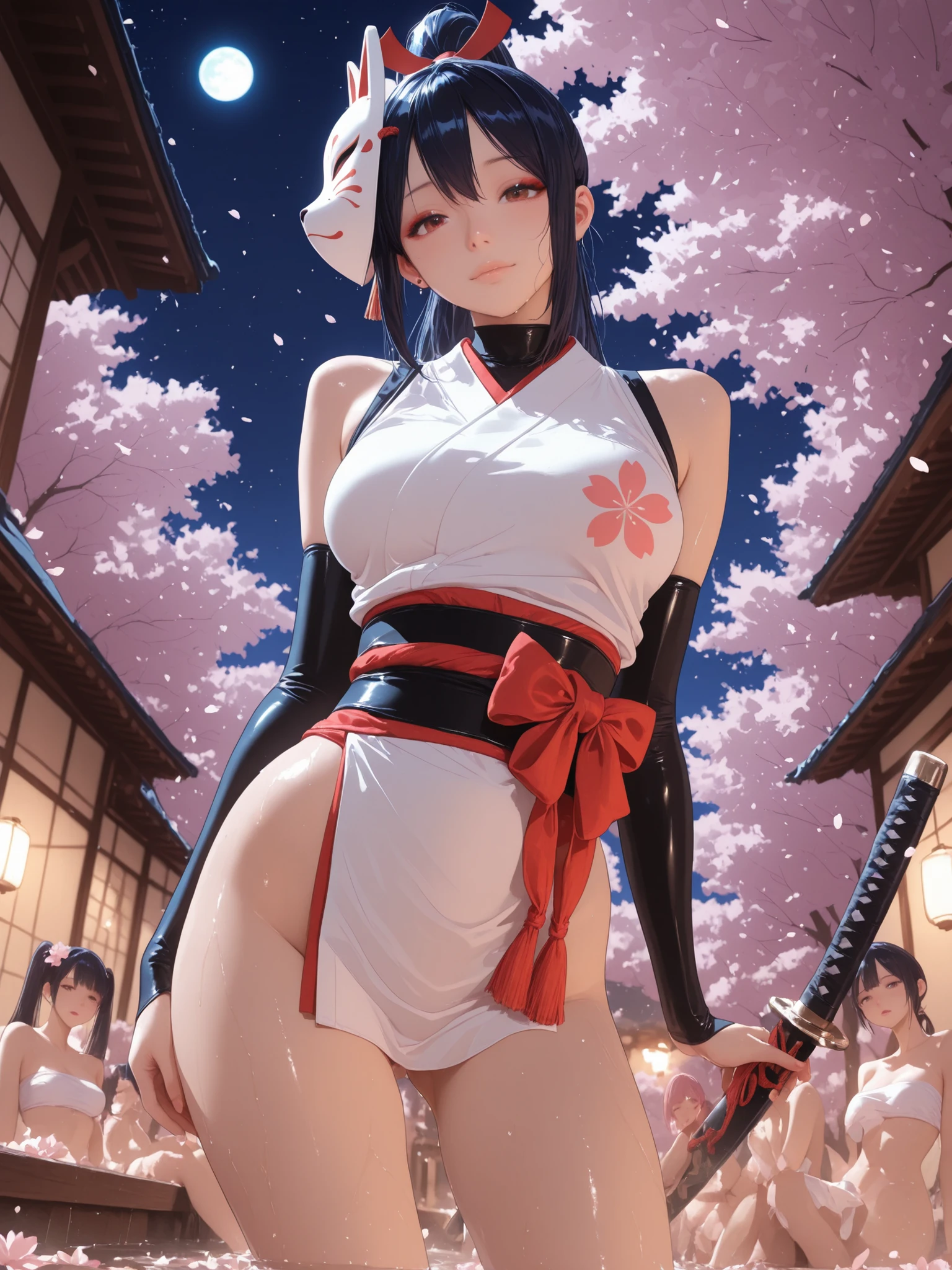 2Girls ((Highest Quality)), ((masterpiece、high sensitivity、high resolution、detailed description、accurate to human anatomy))Two people side by side in the moonlight and bathing in Oike under the cherry blossoms at night, and many other Kunoichi sisters、from below、sleeveless shinobi costume from a first-person perspective、I'm wrapping my chest、A large group of、Place a shinobi sword with a scabbard on the side、round face、Babyface、A fragile face、Pretty far apart、Thick tear bag、Thick lower lip、Deep-set eyelids、Extraordinarily long lashes、cheeky slack、vermilion eyeshadow、I have so many piercings、dark haired、ponytail with large red ribbon、Camellia hair ornament shortcut、cherry blossom hair ornament two-sided up、One is a fox mask with an oblique head、