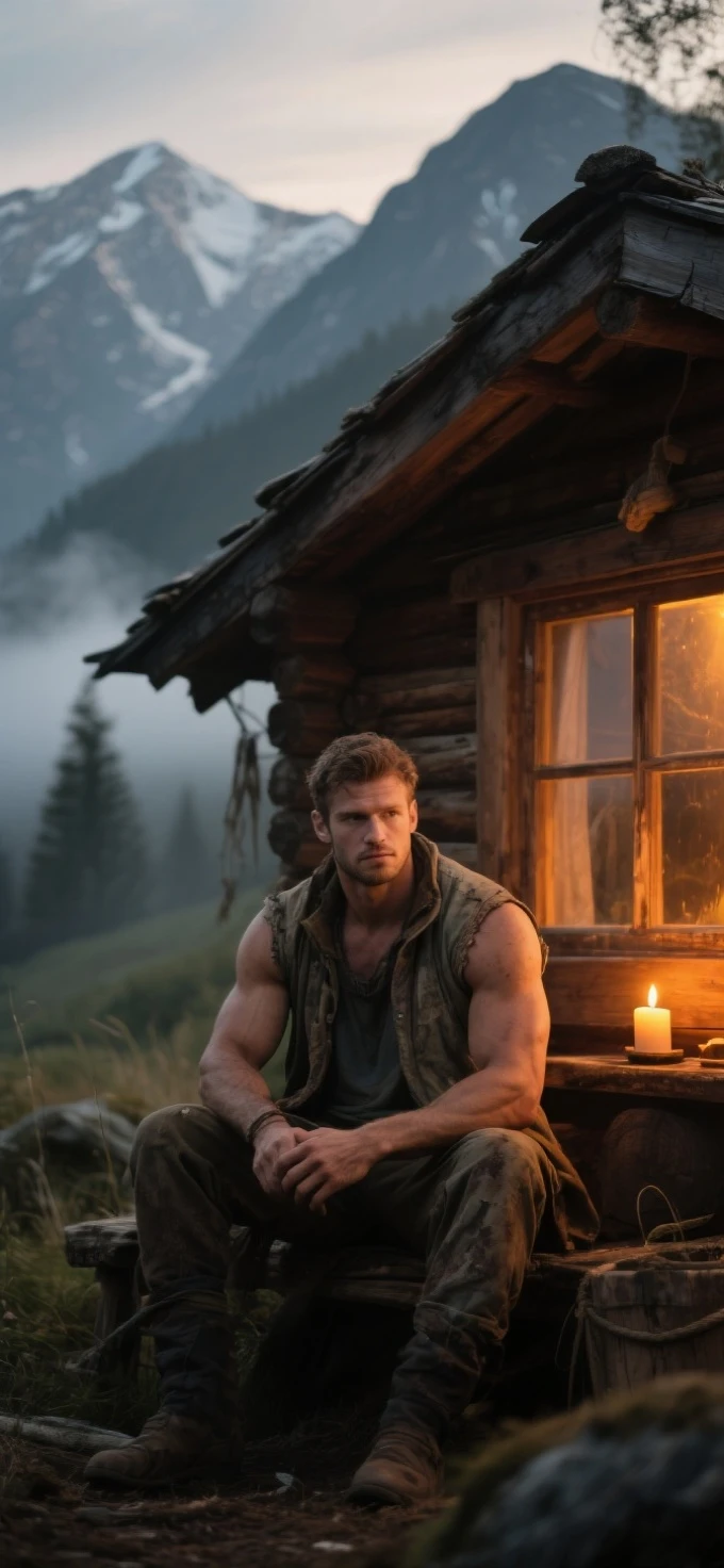 Full body shot, photorealistic full body a 24 year old muscular handsome blond young manly Caucasian man with shaved brown hair, Five Clock Shadow, Blue eyes ,smile, Wearing a sweaty wet translucent shirt and a , White socks, and tan hiking boots blond shaved hair, Green eyes, on a log in front of a campfire at night. , male, muscular, like, ((panoramic composition of subject and complete surrounding environment))