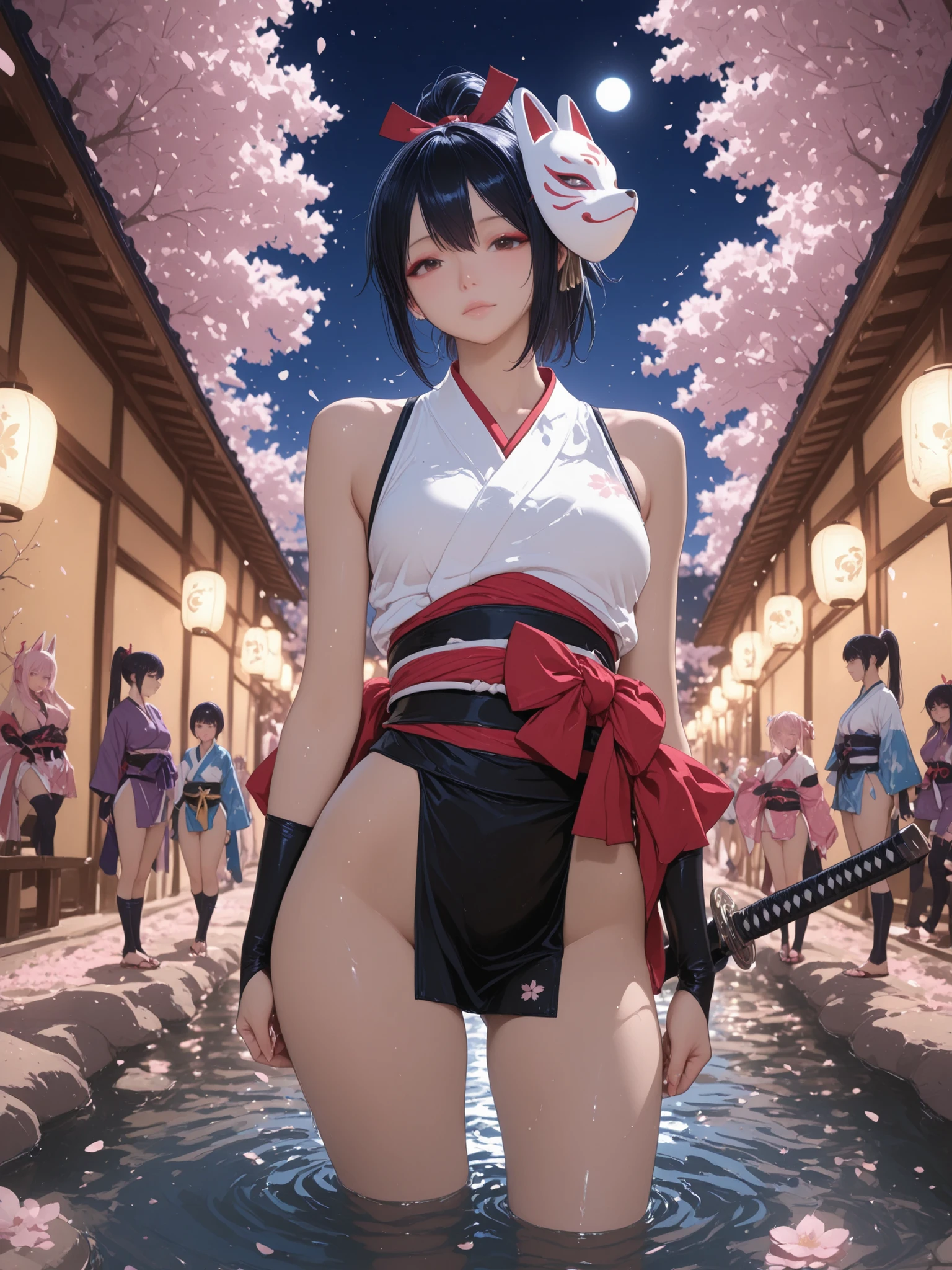 2Girls ((Highest Quality)), ((masterpiece、high sensitivity、high resolution、detailed description、accurate to human anatomy))Two people and many other Kunoichi sisters lining up in the moonlight and soaking in the pond under cherry blossoms at night、from below、sleeveless shinobi costume from a first-person perspective、I'm wrapping my chest、A large group of、Place a shinobi sword with a scabbard on the side、round face、Babyface、A fragile face、Pretty far apart、Thick tear bag、Thick lower lip、Deep-set eyelids、Extraordinarily long lashes、cheeky slack、vermilion eyeshadow、I have so many piercings、dark haired、ponytail with large red ribbon、Camellia hair ornament shortcut、cherry blossom hair ornament two-sided up、One is a fox mask with an oblique head、