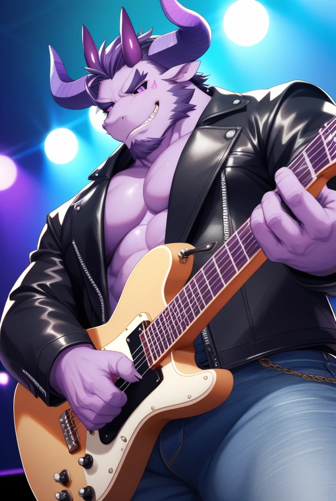 best quality, masterpiece, young male kpop idol with purple ombre hair, , muscular, visible  line,  chest, energetically dancing on stage, rave concert, sexy, gay, homoerotic, ambient lighting, extremely dramatic shadows, front view, perfection, no watermark, no logo, no signature