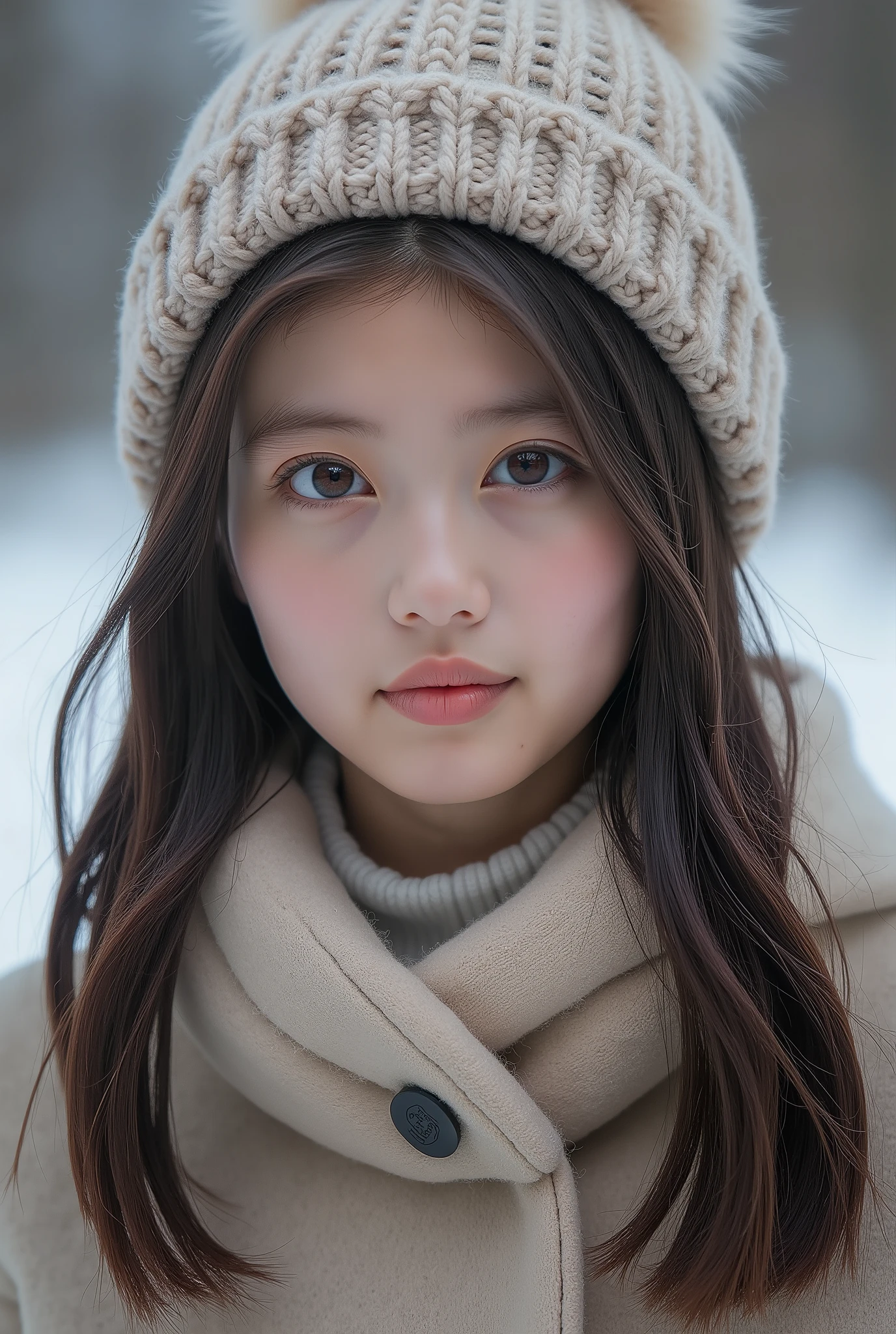 Asian girl wearing a coat, gorro, luvas, The Campo Longo pants focus on the face