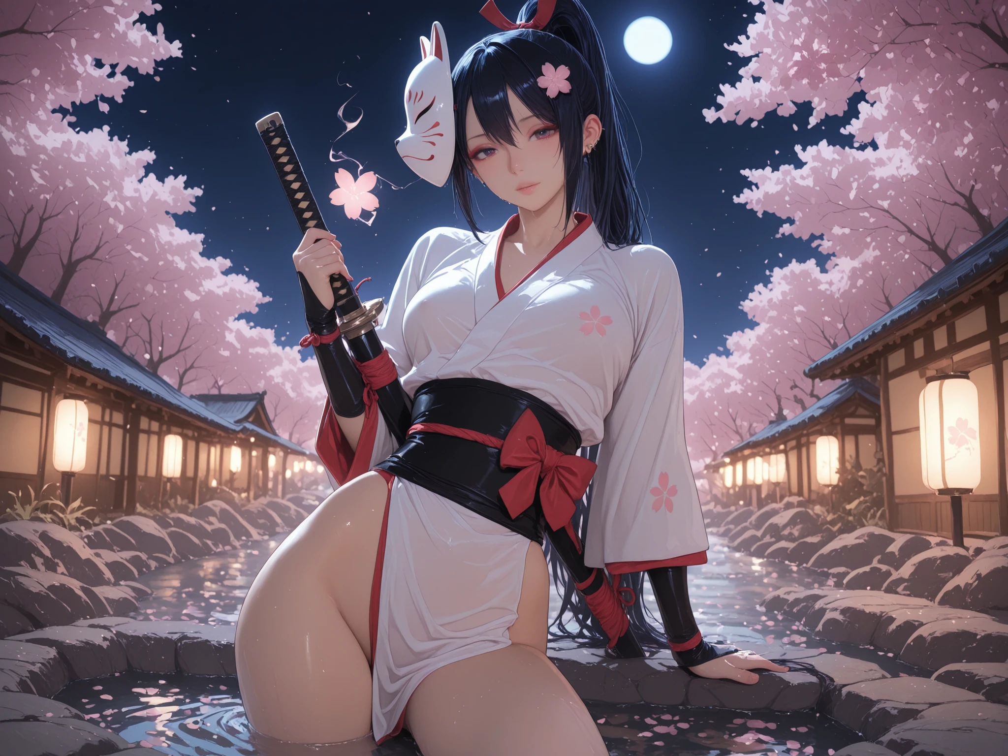 2Girls ((Highest Quality)), ((masterpiece、high sensitivity、high resolution、detailed description、accurate to human anatomy))Two Kunoichi sisters and many others soak and bathe in the pond under cherry blossoms at night side by side in the moonlight、from below、a shinobi costume with the pale light of a firefly dancing、I can't see my nipples、A large group of、Place a shinobi sword with a scabbard on the side、round face、Babyface、A fragile face、Pretty far apart、Thick tear bag、Thick lower lip、Deep-set eyelids、Extraordinarily long lashes、cheeky slack、vermilion eyeshadow、I have so many piercings、dark haired、ponytail with large red ribbon、Camellia hair ornament shortcut、cherry blossom hair ornament two-sided up、One is a fox mask with an oblique head、1 person is smoking a smoke tube