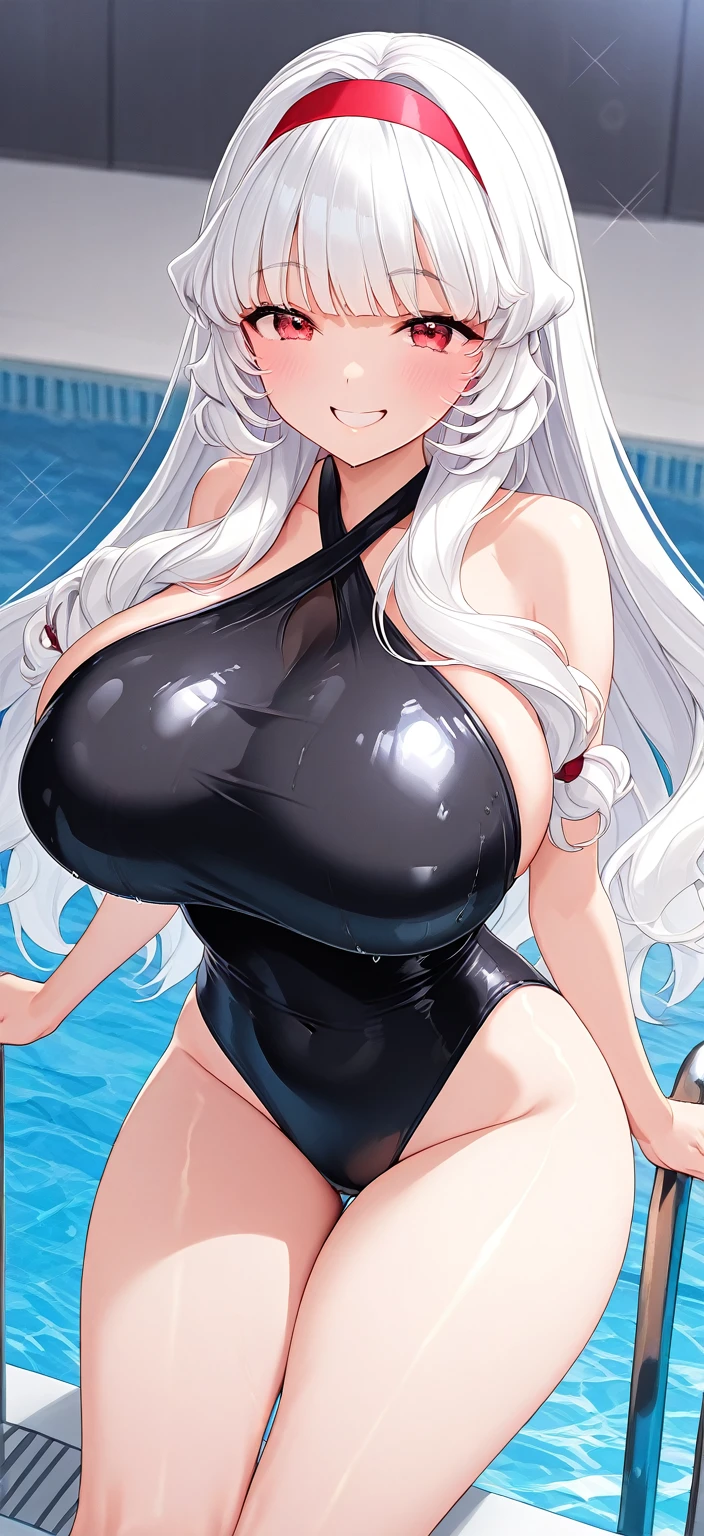 、Gradient Hair、My body is very wet、Student swimwear、In the pool、swimming、、Thick thighs、Sweaty、Wet, transparent skin、 Sports、Big Breasts、Very large breasts、Dumpling、Long Breasts、Cleavage、Wavy Hair、、，whole body、