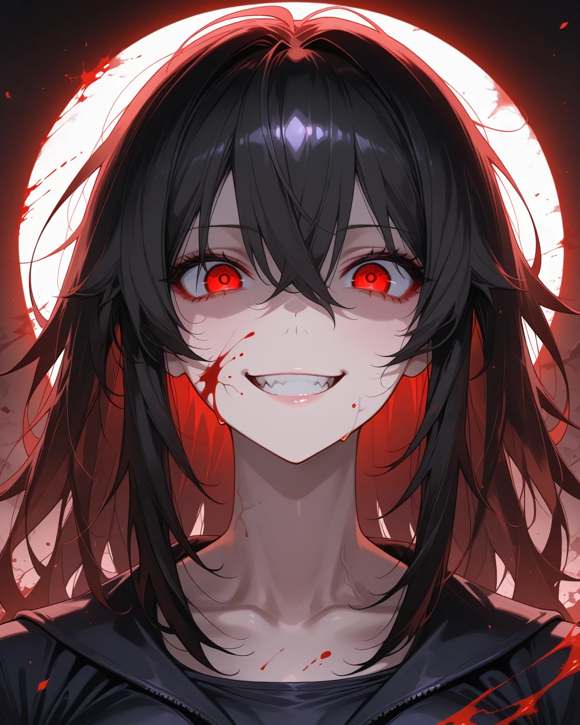 (masterpiece), best quality, high resolution, extremely detailed, detailed background, dark, 1girl, medium black hair, red eyes, looking at viewer, yandere, yandere face, shaded face, crazy eyes, red heart eyes, crazy smile, blood, blood on face, blood on clothes, hands on own cheeks, red background.