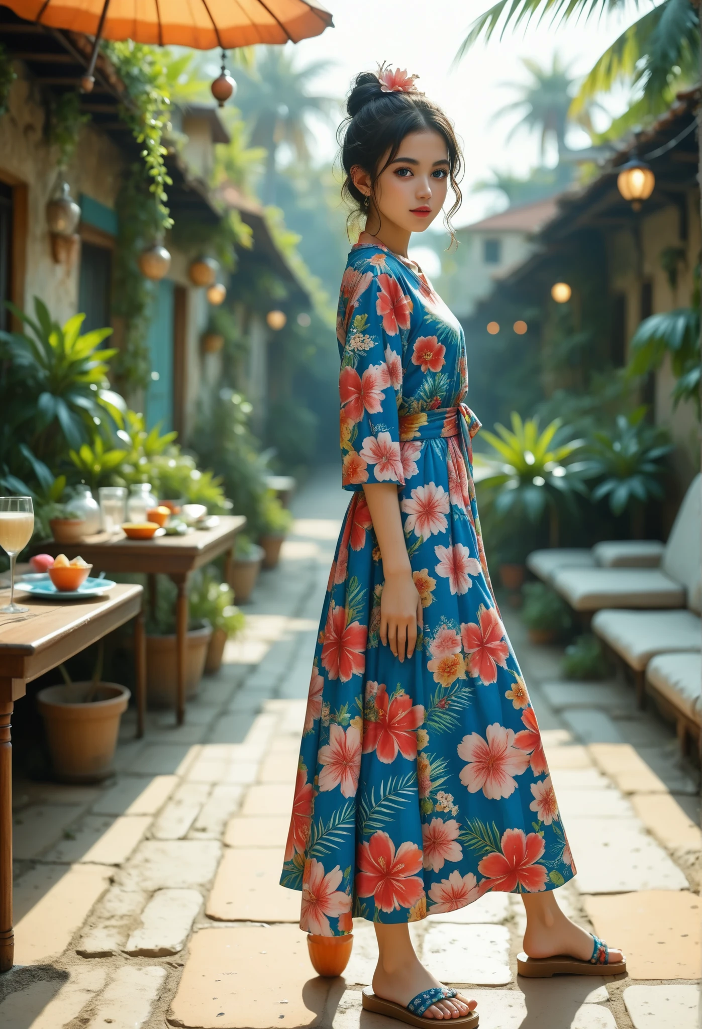 score_9, score_8_acima, score_7_acima, score_6_acima, score_5_acima, score_4_acima, melhor qualidade, obra-prima, (((olhos azuis))), olhos detalhados, [1mulher, Tatar beauty ,
medium breast, quadris pequenos:1.5, 22yo, sorriso fraco, long blond hair, BREAK
MakeAcima, light blue eyeliner , pale blue eyesadow , gloss, geometric ,
wearing a long sleeve linen shirt over a tight top, floral Hawaiian dance skirt , tropical sandals , plumeria hair ornament .
oceanfront resort at sunset, escuro, luz de tocha, several plates on the table , moonlight reflecting on the sea surface