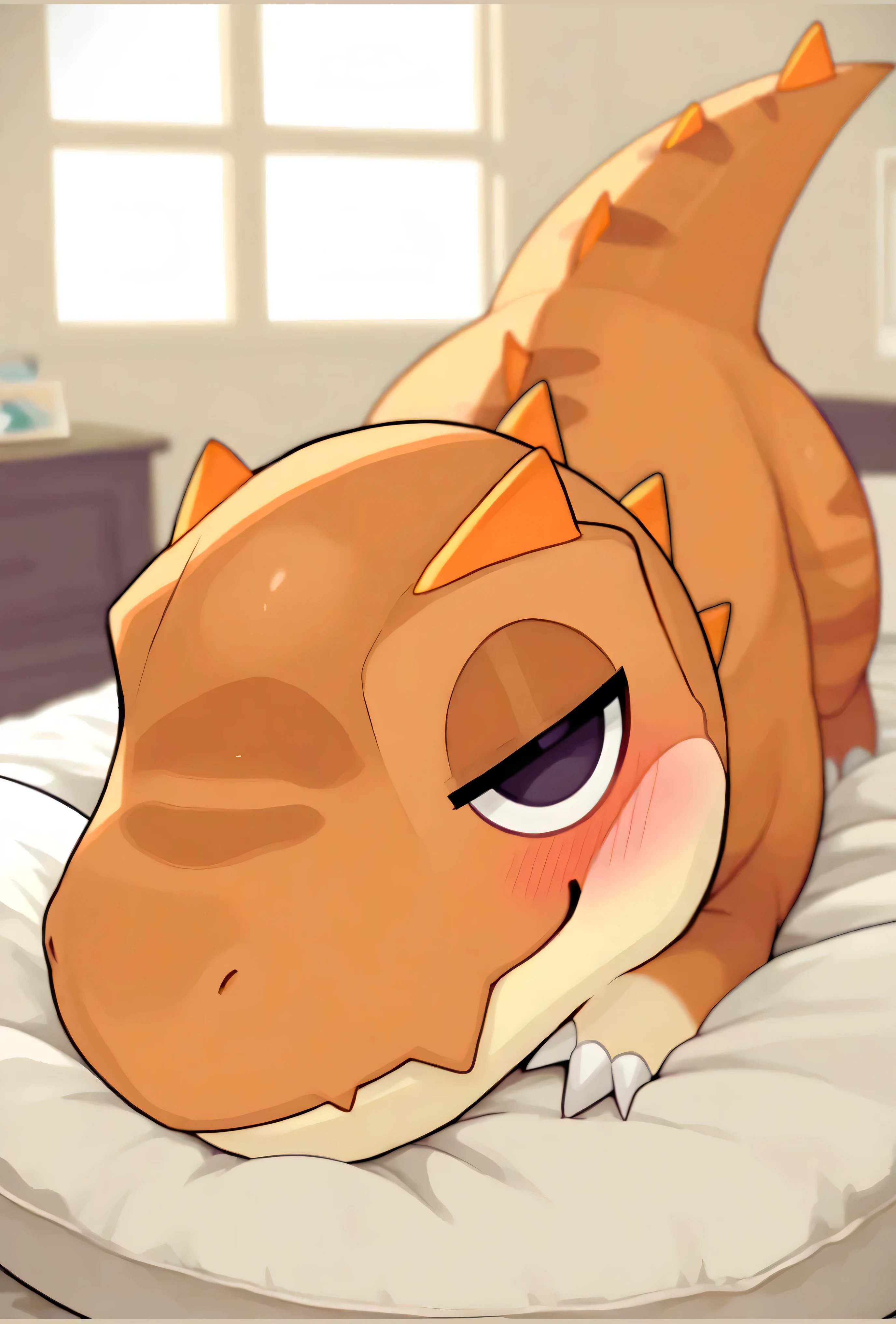 [🌤️Awake? Beautiful-Moment] [Project-02 ED] [Model-Test] [Pokémon-Dinosaur], ((masterpiece)), ((best quality)), ((highly detailed)), 4k, soft shading, cute dinosaur, orange scales, small horns, sleepy eyes, soft blush, smirking expression, lying on bed, cozy bedroom setting, light from window, relaxed mood, chibi style, semi-anthro creature, cartoon-style, expressive face, detailed textures, soft lighting, warm tones, Animal Crossing style, tyrunt, pokemon_(species), solo, feral, ambiguous_gender, 