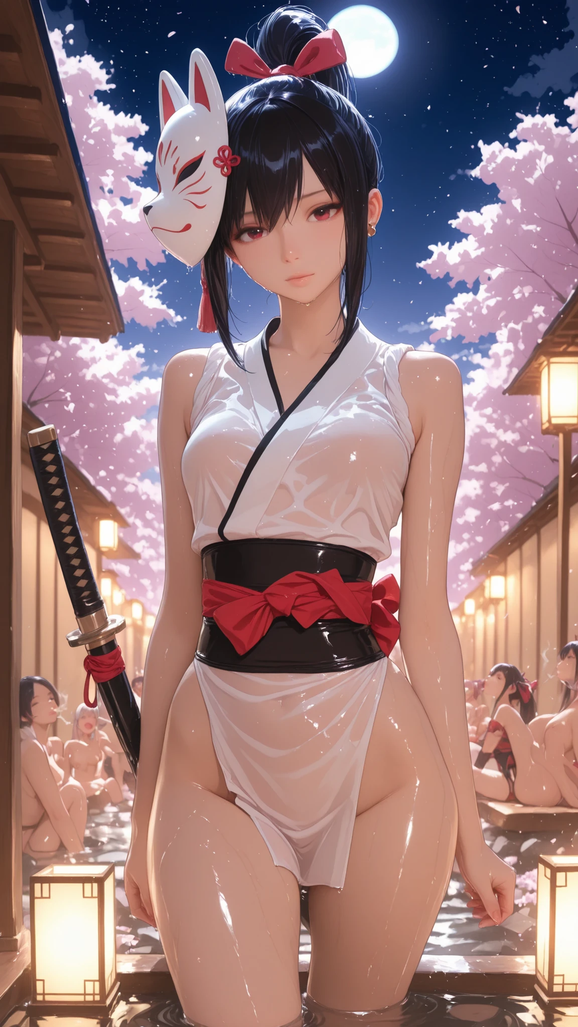 2Girls ((Highest Quality)), ((masterpiece、high sensitivity、high resolution、detailed description、accurate to human anatomy))Kunoichi no Sato、Two Kunoichi sisters and many others stand side by side in the moonlight and bathe in an open-air bath under cherry blossoms at night、from below、A white juban that is wet、Sakura Fubuki、A large group of、Place a shinobi sword with a scabbard on the side、round face、Babyface、A fragile face、Pretty far apart、Thick tear bag、Thick lower lip、Deep-set eyelids、Extraordinarily long lashes、cheeky slack、vermilion eyeshadow、I have so many piercings、dark haired、ponytail with large red ribbon、Camellia hair ornament shortcut、cherry blossom hair ornament two-sided up、One is a fox mask with an oblique head、1 person is smoking a smoke tube