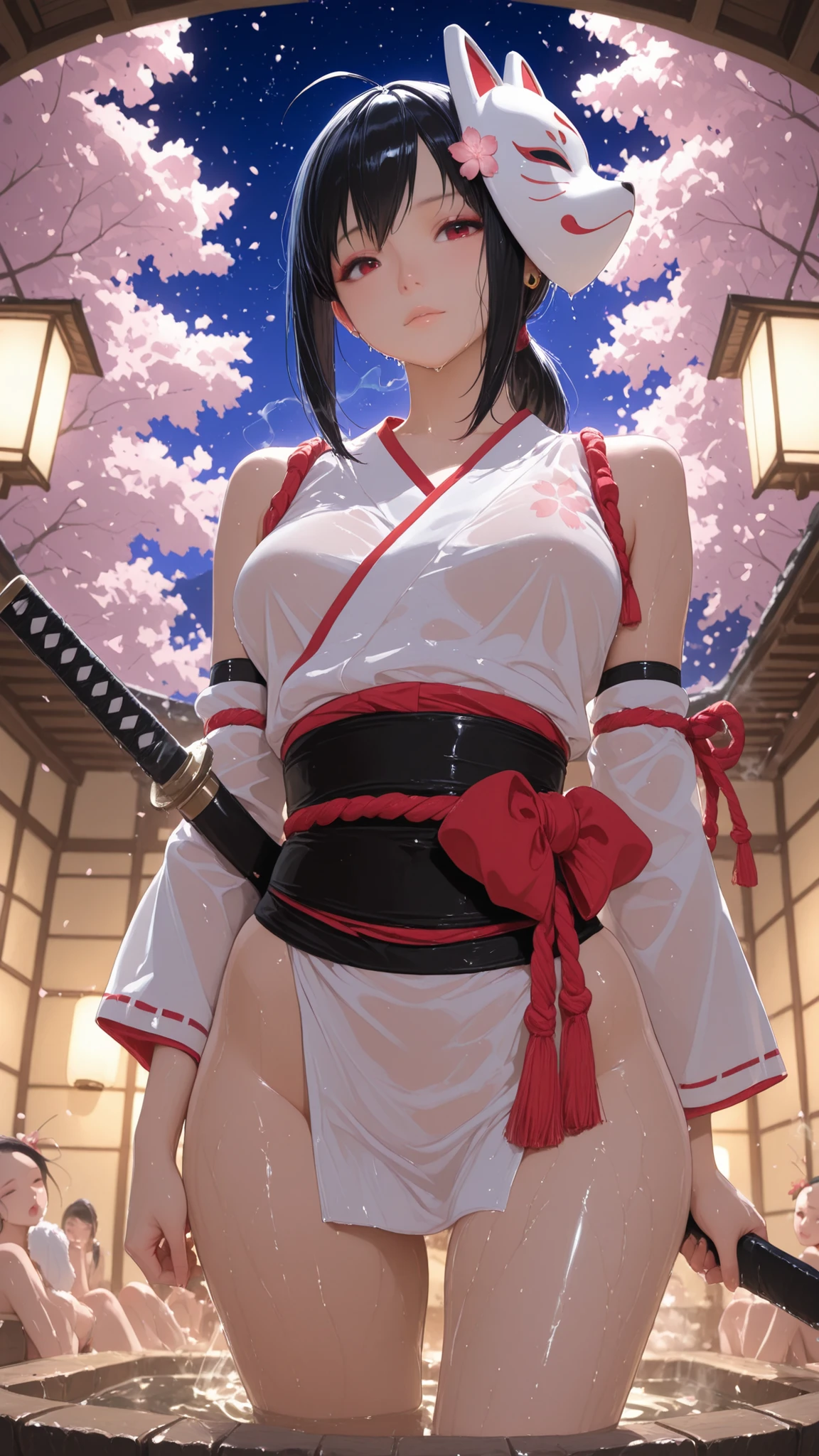 2Girls ((Highest Quality)), ((masterpiece、high sensitivity、high resolution、detailed description、accurate to human anatomy))Kunoichi no Sato、Two Kunoichi sisters and many others stand side by side in the moonlight and bathe in an open-air bath under cherry blossoms at night、from below、A white juban that is wet、Sakura Fubuki、A large group of、Place a shinobi sword with a scabbard on the side、round face、Babyface、A fragile face、Pretty far apart、Thick tear bag、Thick lower lip、Deep-set eyelids、Extraordinarily long lashes、cheeky slack、vermilion eyeshadow、I have so many piercings、dark haired、ponytail with large red ribbon、Camellia hair ornament shortcut、cherry blossom hair ornament two-sided up、One is a fox mask with an oblique head、1 person is smoking a smoke tube