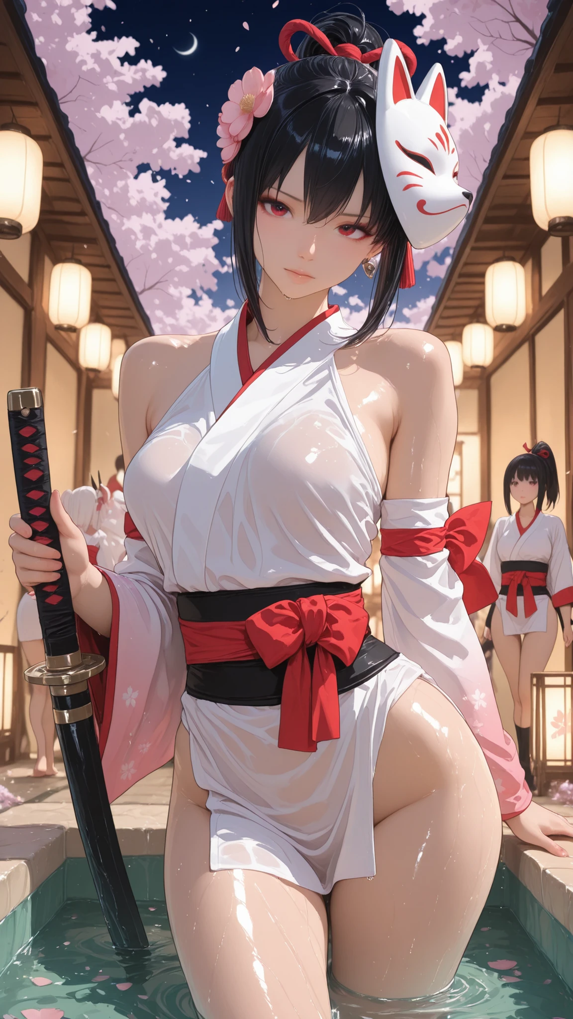 2Girls ((Highest Quality)), ((masterpiece、high sensitivity、high resolution、detailed description、accurate to human anatomy))Kunoichi no Sato、Two Kunoichi sisters and many others stand side by side in the moonlight and bathe in an open-air bath under cherry blossoms at night、from below、A white juban that is wet、Sakura Fubuki、A large group of、Place a shinobi sword with a scabbard on the side、round face、Babyface、A fragile face、Pretty far apart、Thick tear bag、Thick lower lip、Deep-set eyelids、Extraordinarily long lashes、cheeky slack、vermilion eyeshadow、I have so many piercings、dark haired、ponytail with large red ribbon、Camellia hair ornament shortcut、cherry blossom hair ornament two-sided up、One is a fox mask with an oblique head、1 person is smoking a smoke tube