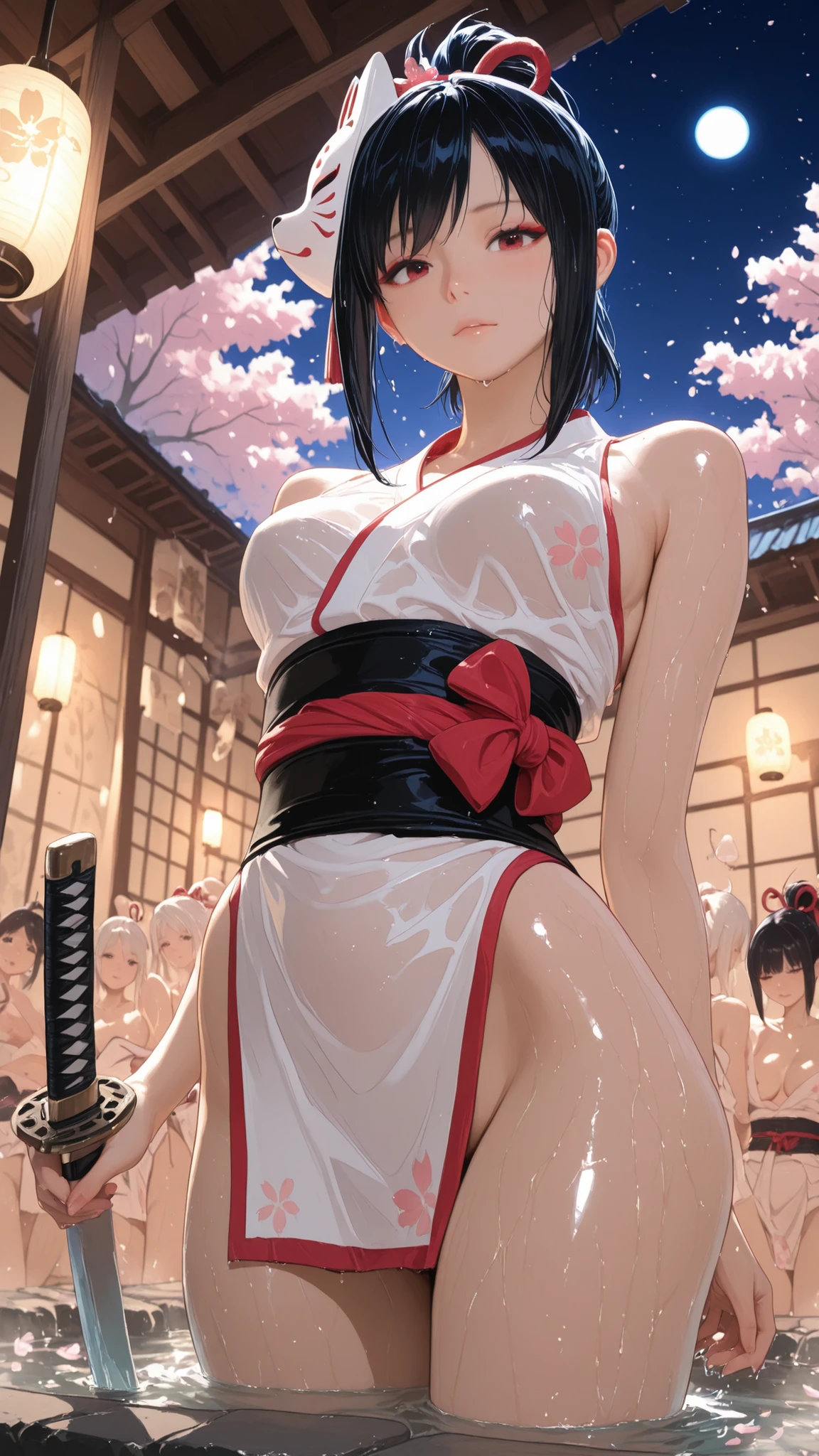 2Girls ((Highest Quality)), ((masterpiece、high sensitivity、high resolution、detailed description、accurate to human anatomy))Two Kunoichi sisters and many others stand side by side in the moonlight and bathe in an open-air bath under cherry blossoms at night、from below、A white juban that is wet、Sakura Fubuki、A large group of、Place a shinobi sword with a scabbard on the side、round face、Babyface、A fragile face、Pretty far apart、Thick tear bag、Thick lower lip、Deep-set eyelids、Extraordinarily long lashes、cheeky slack、vermilion eyeshadow、I have so many piercings、dark haired、ponytail with large red ribbon、Camellia hair ornament shortcut、cherry blossom hair ornament two-sided up、One is a fox mask with an oblique head、1 person is smoking a smoke tube