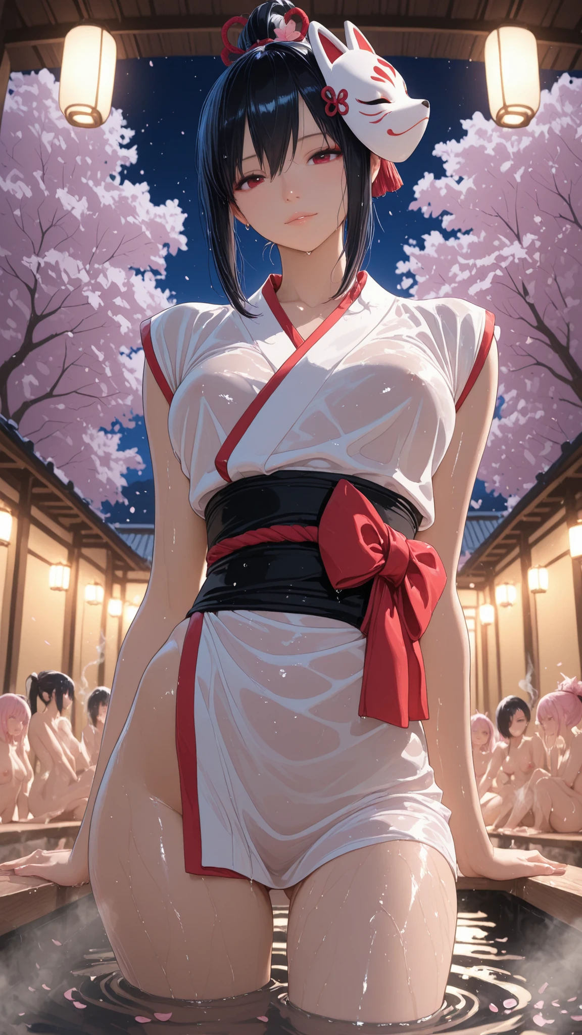 2Girls ((Highest Quality)), ((masterpiece、high sensitivity、high resolution、detailed description、accurate to human anatomy))Two Kunoichi sisters and many others stand side by side in the moonlight and bathe in an open-air bath under cherry blossoms at night、from below、A white juban that is wet、Sakura Fubuki、A large group of、Place a shinobi sword with a scabbard on the side、round face、Babyface、A fragile face、Pretty far apart、Thick tear bag、Thick lower lip、Deep-set eyelids、Extraordinarily long lashes、cheeky slack、vermilion eyeshadow、I have so many piercings、dark haired、ponytail with large red ribbon、Camellia hair ornament shortcut、cherry blossom hair ornament two-sided up、One is a fox mask with an oblique head、1 person is smoking a smoke tube