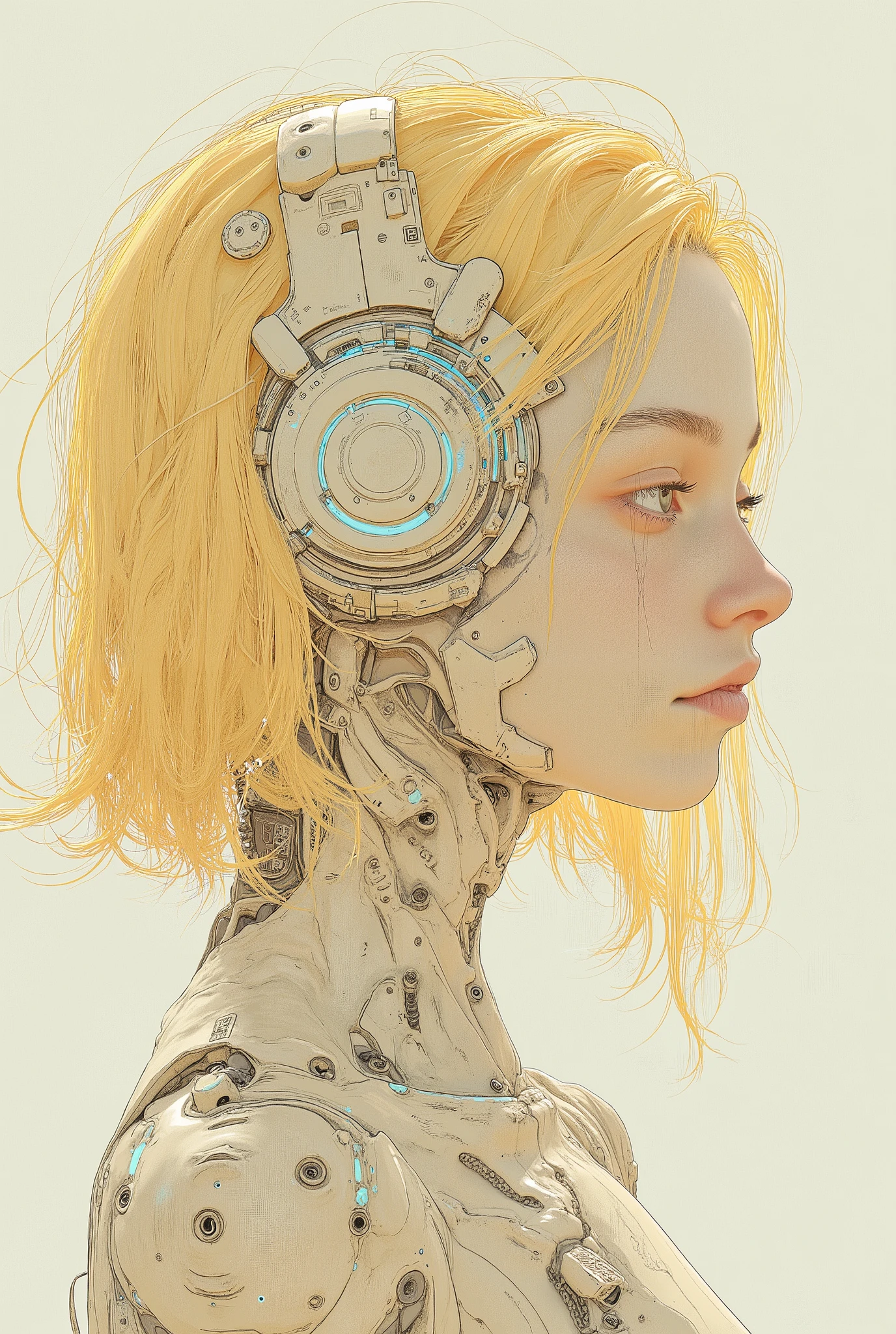 Cream-haired robot anime girl style Moebius
