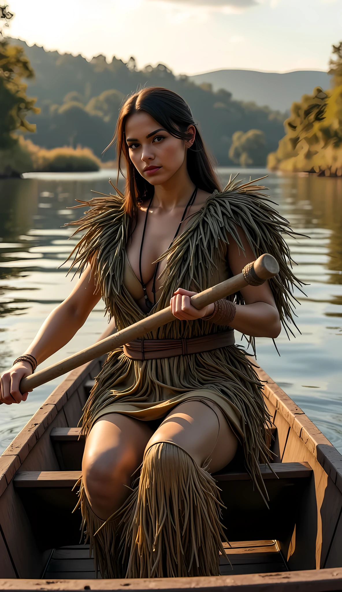 cinematic photo of Stone age era, zoom out. prehistoric age scenery with a serene river landscape at sunset, focusing on a beautiful female primitive sailor wearing a primitive full coverage leafs fabric cloak and fully woven straw long gown, with a long fur skirt, rowing a primitive canoe by using a wooden oar, her facial features and skin tone clearly depicted, amidst a lively prehistoric autumn season scenery with hyperrealistic 3d texture, dynamic camera angle, and precise lifelike skin texture, in a photorealistic style with best rule of third photography composition, full details depth of field, and realistic depth 3d, inspired by national Geographic style and stonePunkAi artwork.