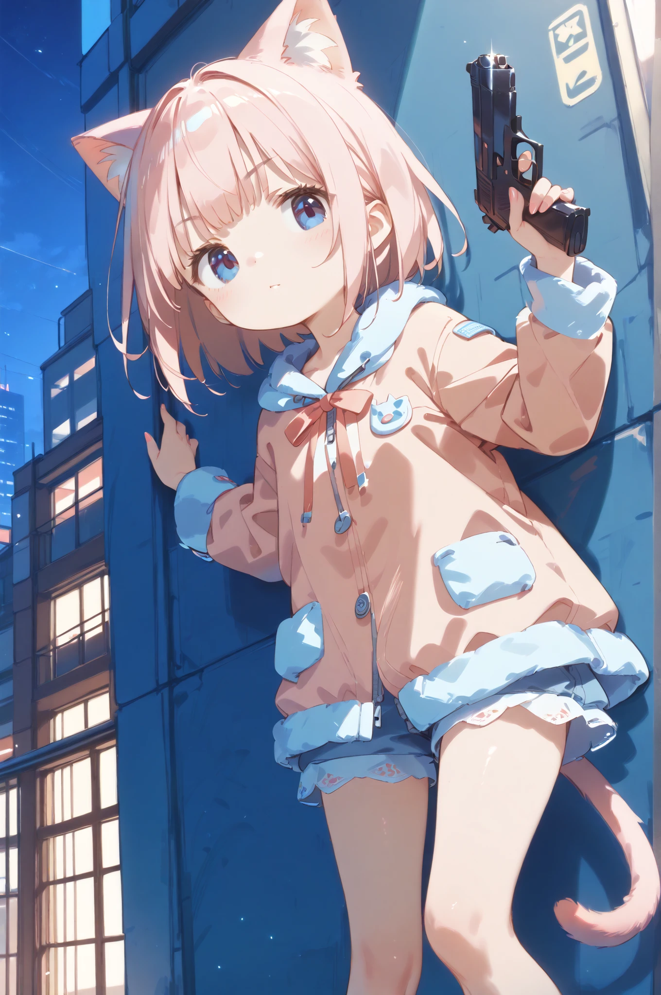 masterpiece、Highest Quality、Highest Quality、8k,anime style、1girls、Girl、big eyes、Short Height、(((pajamas:Pink)))、serious face、 wrinkles between eyebrows、hold a handgun with both hands、(((Semi-auto pistol)))、Cat ears、cat tail、dim、night、Building in the background、rest your back against the wall of the building