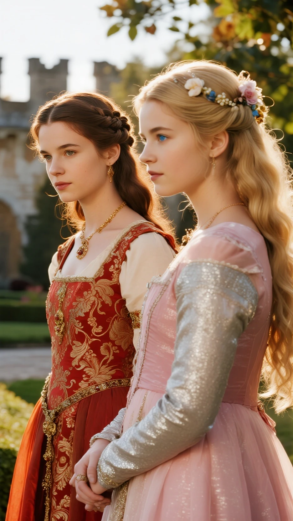 White Blonde hair, fluffy hair, stylish hair, long hair, lilac eyes, perfect eyes, beautiful, perfect face, tween, , short, kind, , a flowing pale airy gown with ruffles along the bottom with tiny pink flowers and gold dragon embroideries with flowers, Her tiara had a pretty teal gemstones, silver necklace, noble class, royal, royalty, red castle, feasting hall, medieval, elegant surroundings, soft dewy makeup look, light peach blush, soft tan eyeshadow, light coral lipstick, cutesy, girlish, girly, guileless, ingénue, princess , whimsical lighting, Targaryen, dragons in the sky, photorealistic
