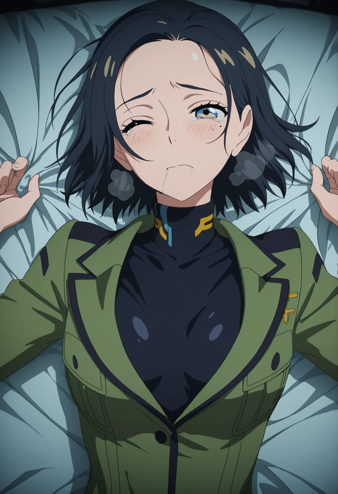 volumetric lighting, official style, amazing quality, ultra detailed, highres, detailed background, anime screenshot, anime screencap, anime coloring, masterpiece, detailed face,1girl, (aged up:1.2), from above,  Comoli_Harcourt, uniform, yellow and blue eyes, black hair, small breasts, green jacket ,black shirt, turtleneck, ,lie on bed,, mole under eye, ((a mole))), hands up, grab sheets ,solo, short hair, science fiction, , (lie on back ,on back, on bed),(((wince, , ))), ,tears ,embarrassed, blush, (dynamic angle:1.2), saliva ,heavy breath, head tilt ,(head back) , oiled skin, (hair in own mouth:1.2),