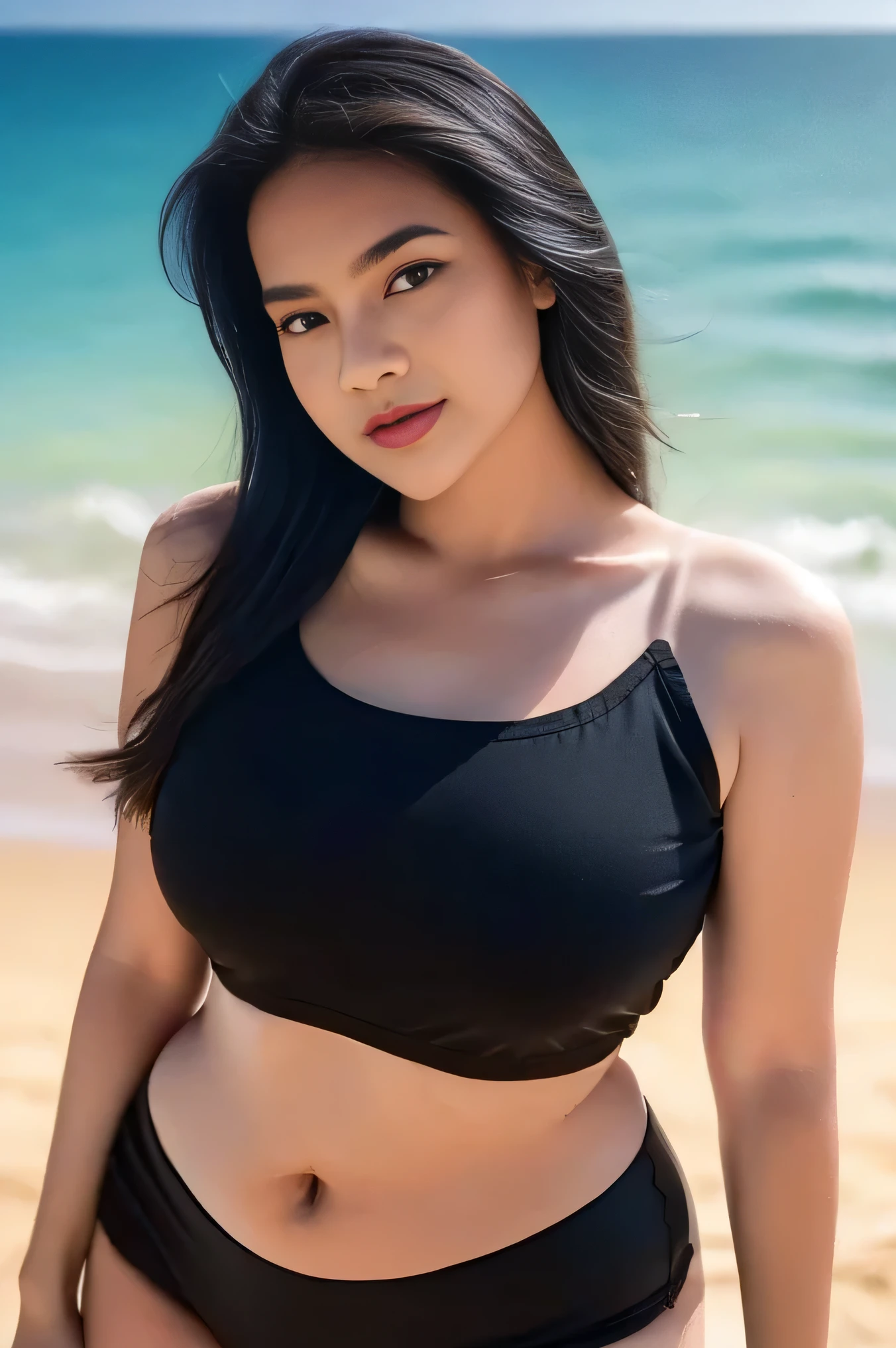 1girl, solo, at the beach, beautifully sunset beach scenery, cute little smirk, detailed eyes, thick medium breasts, curvy body, smooth realistic skin, black tight nylon top, black nylon short pants, looking at the audience, (Overhead shot:1.3), (zoom out:1.4), (8k, RAW photo, best quality, masterpiece: 1.2), (realistic, realistic: 1.37), ultra-high resolution