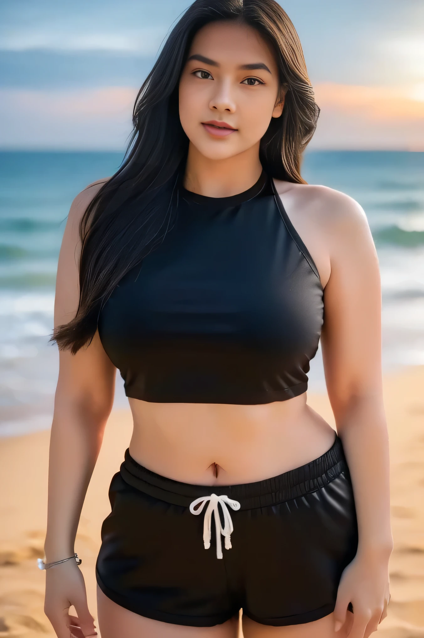 1girl, solo, at the beach, beautifully sunset beach scenery, cute little smirk, detailed eyes, thick medium breasts, curvy body, smooth realistic skin, black tight nylon top, black nylon short pants, looking at the audience, (Overhead shot:1.3), (zoom out:1.4), (8k, RAW photo, best quality, masterpiece: 1.2), (realistic, realistic: 1.37), ultra-high resolution