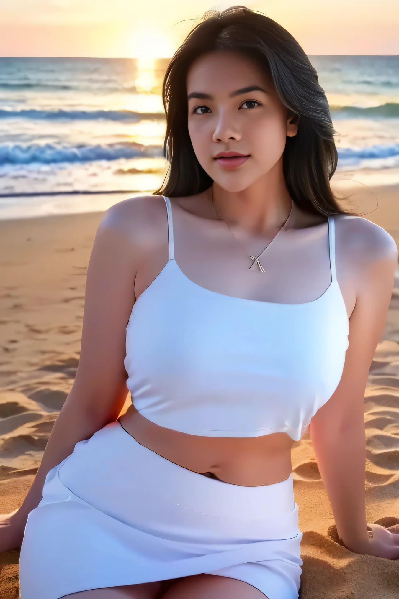 1girl, solo, at the beach, beautifully sunset beach scenery, cute little smirk, detailed eyes, thick medium breasts, curvy body, smooth realistic skin, white tight nylon top, white nylon short skirt, looking at the audience, (Overhead shot:1.3), (zoom out:1.4), (8k, RAW photo, best quality, masterpiece: 1.3), (realistic, realistic: 1.37), ultra-high resolution