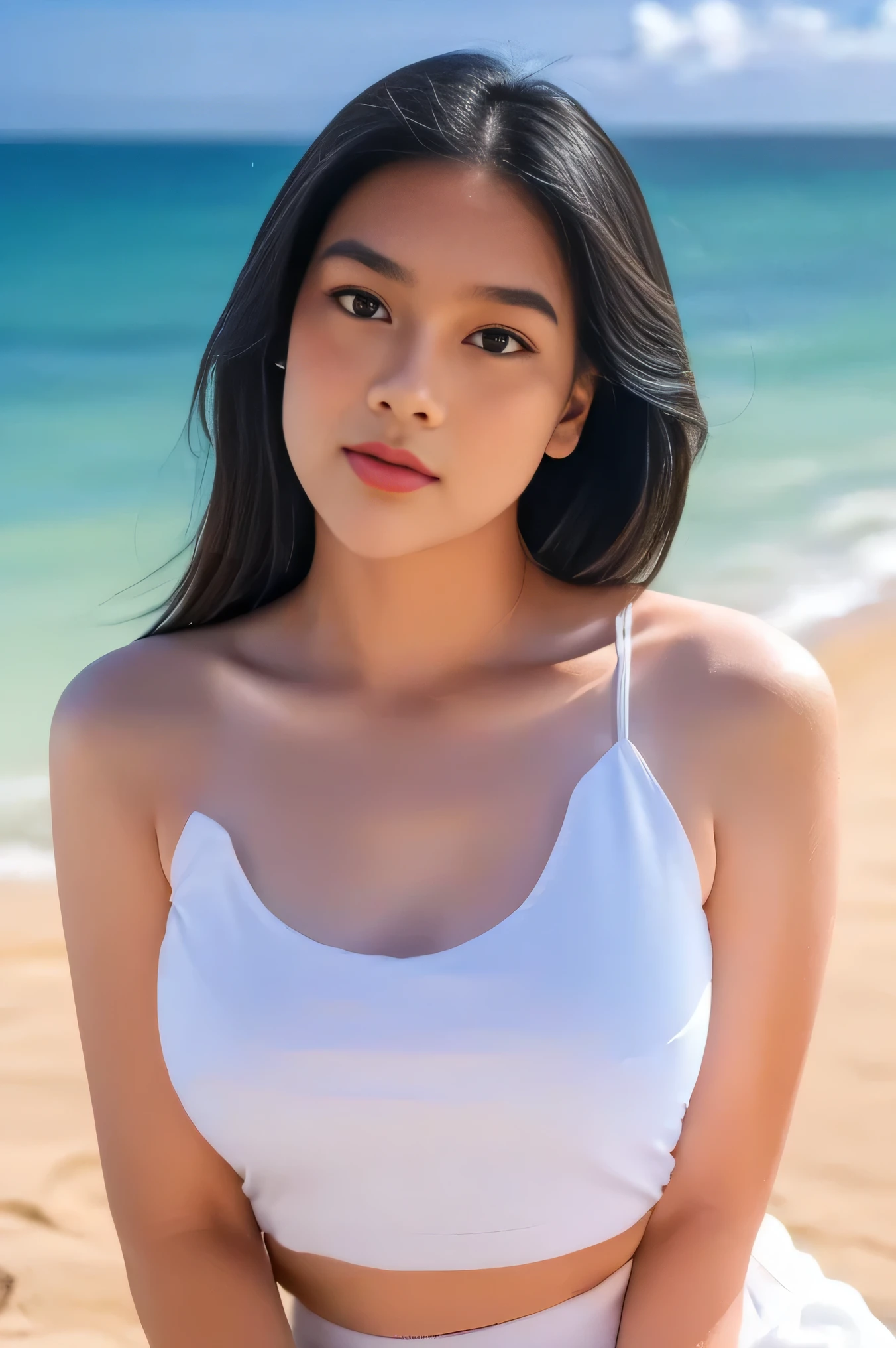 1girl, solo, at the beach, beautifully sunset beach scenery, cute little smirk, detailed eyes, thick medium breasts, curvy body, smooth realistic skin, white tight nylon top, white nylon short skirt, looking at the audience, (Overhead shot:1.3), (zoom out:1.4), (8k, RAW photo, best quality, masterpiece: 1.3), (realistic, realistic: 1.37), ultra-high resolution